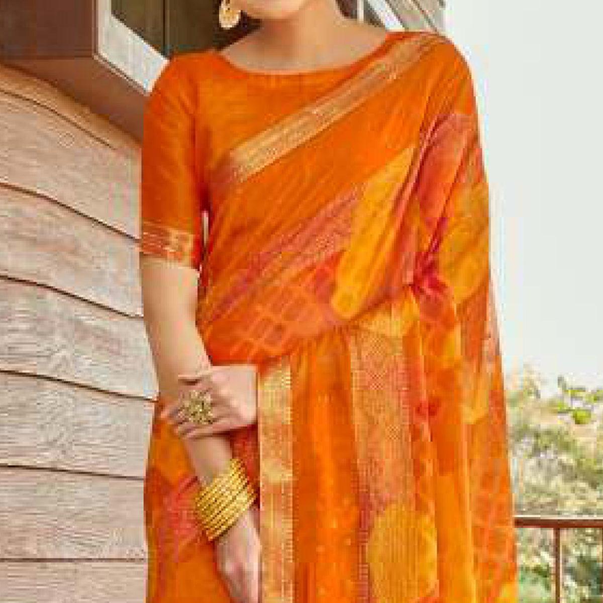 Orange - Yellow Casual Wear Printed Brasso Saree - Peachmode