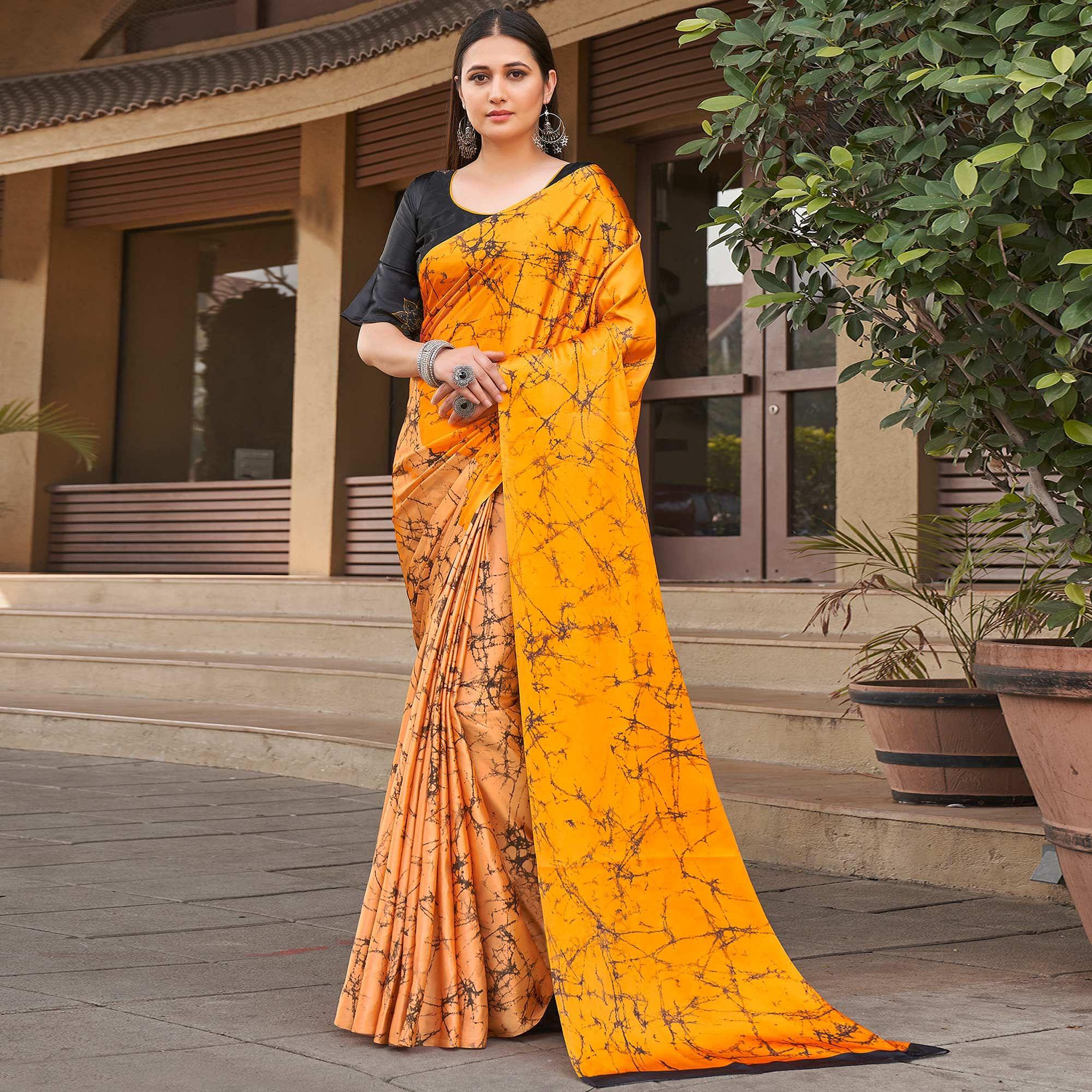 Orange-Yellow Casual Wear Printed Satin Silk Saree - Peachmode