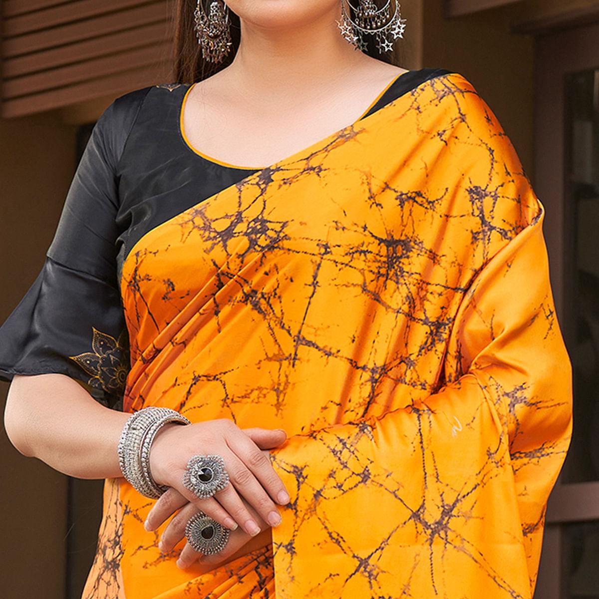 Orange-Yellow Casual Wear Printed Satin Silk Saree - Peachmode