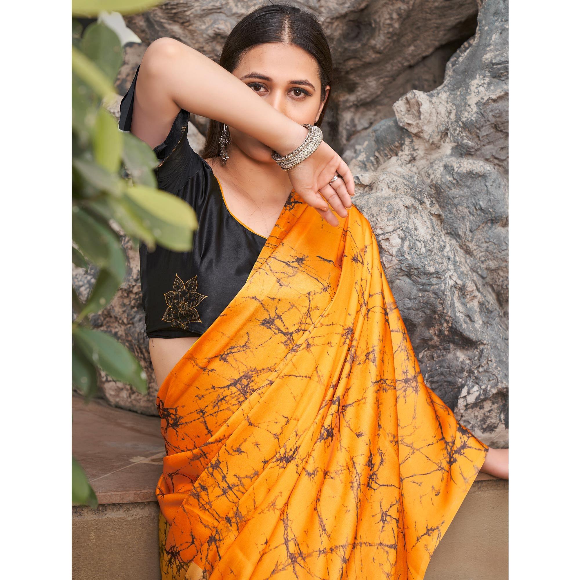 Orange-Yellow Casual Wear Printed Satin Silk Saree - Peachmode