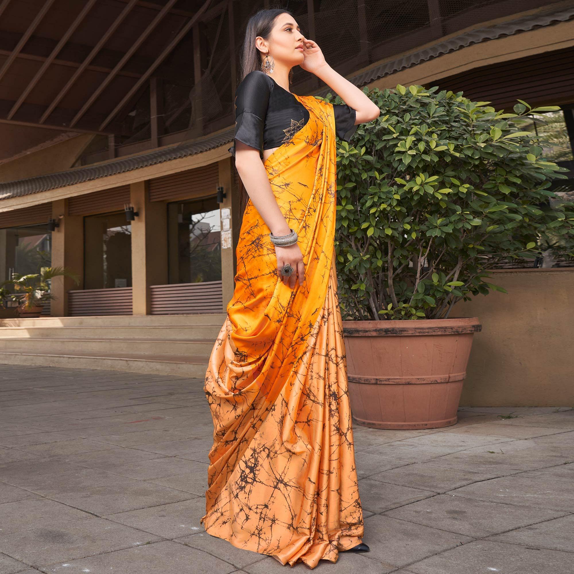 Orange-Yellow Casual Wear Printed Satin Silk Saree - Peachmode