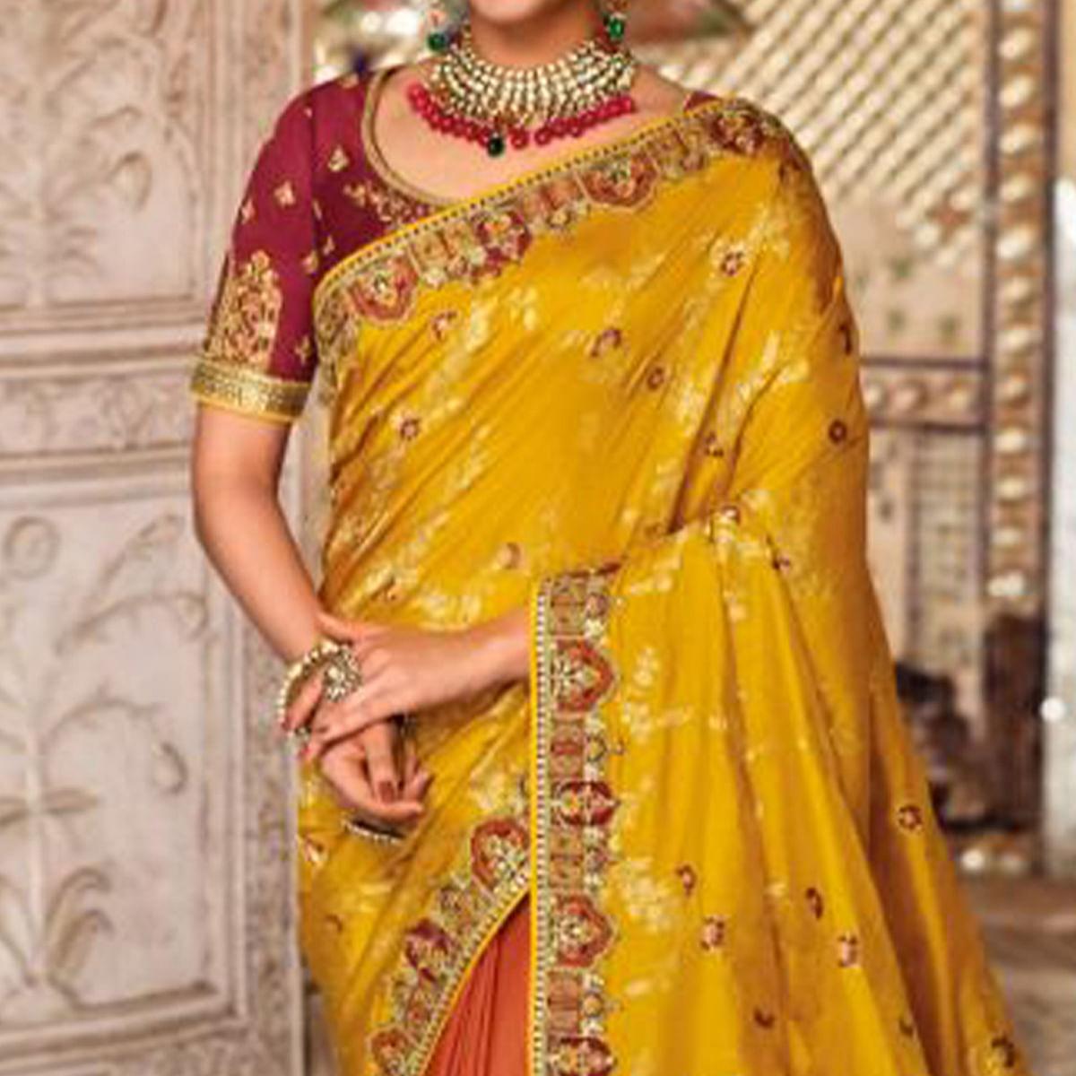 Orange-Yellow Festive Wear Woven Banarasi Silk Half & Half Saree - Peachmode