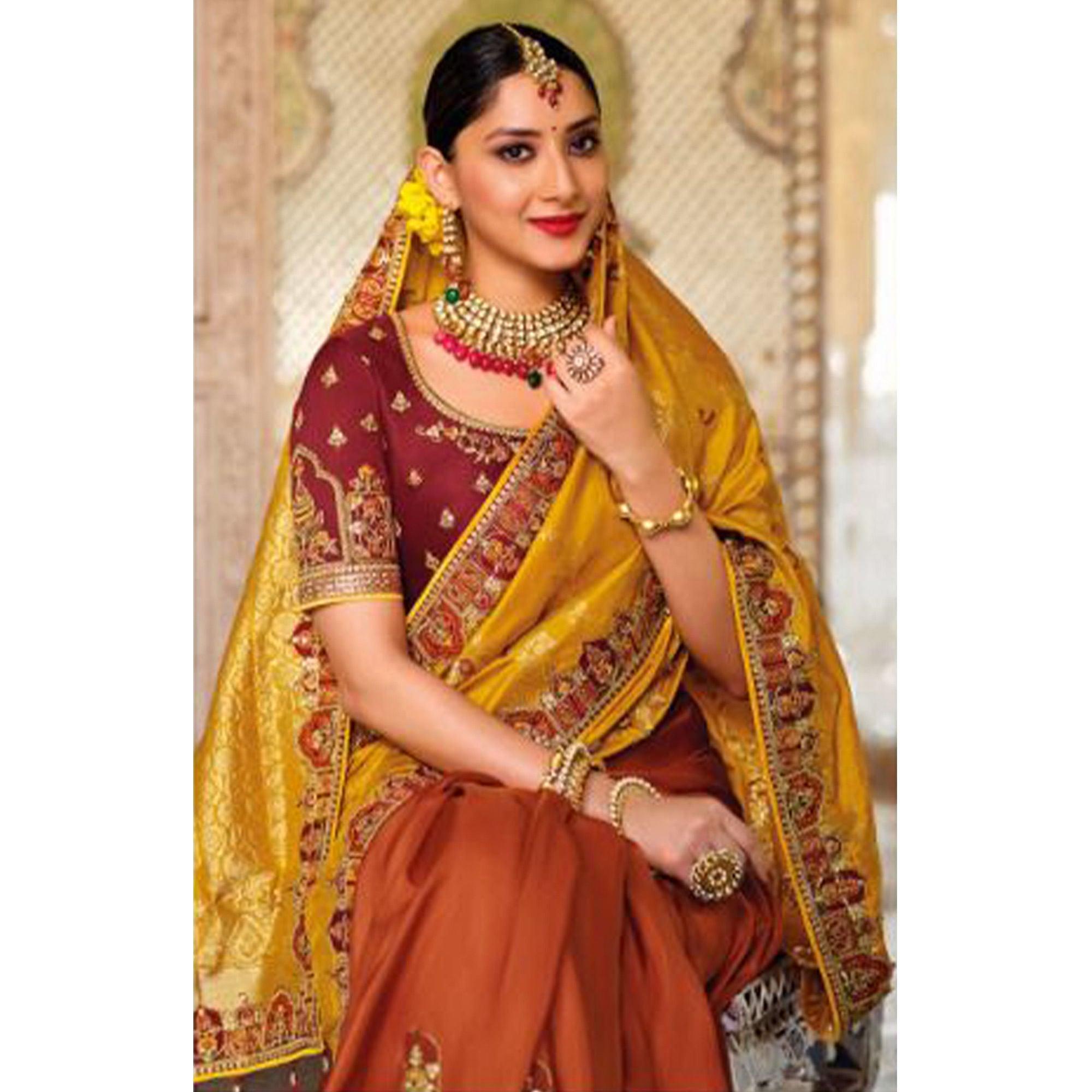 Orange-Yellow Festive Wear Woven Banarasi Silk Half & Half Saree - Peachmode
