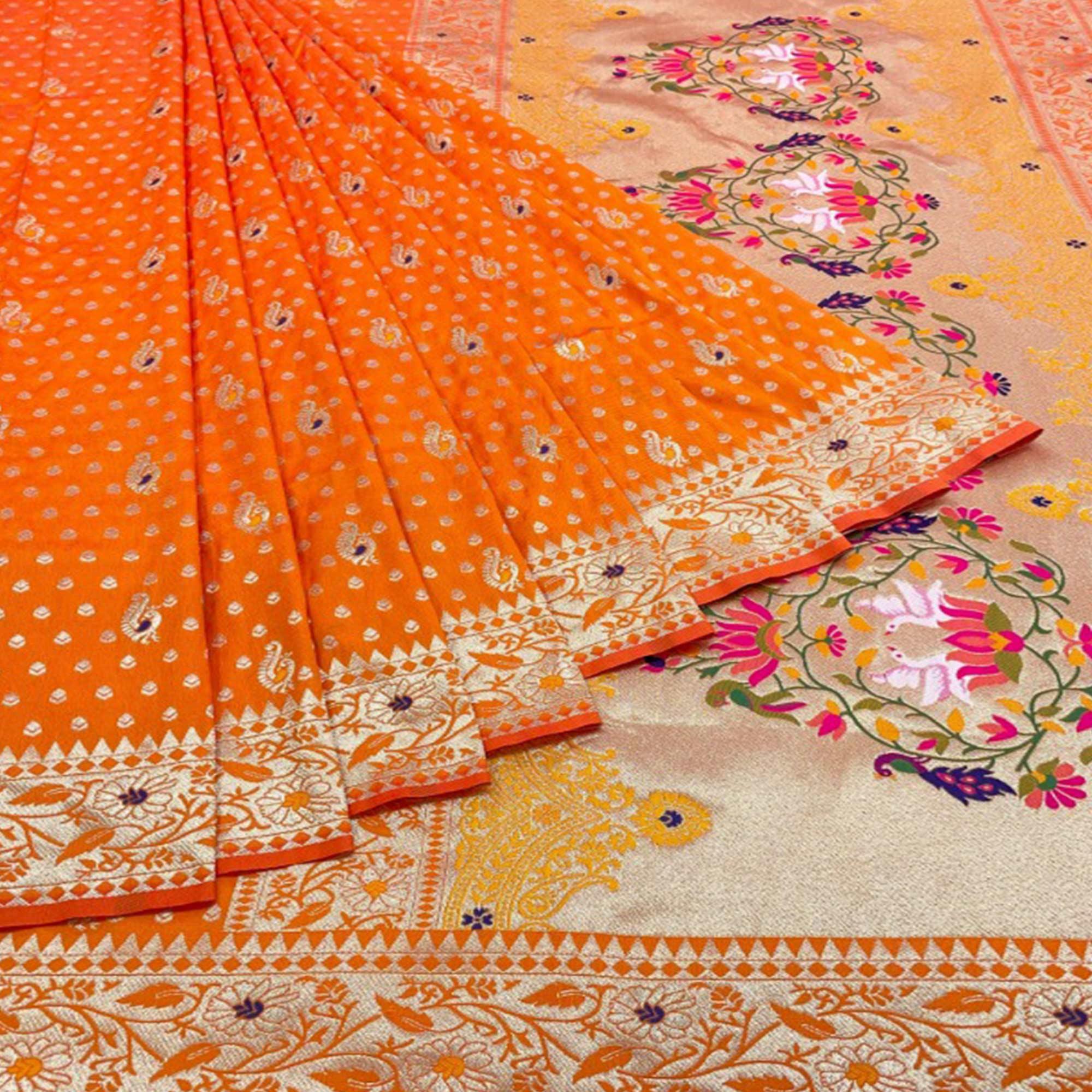 Orange Zari Woven Art Silk Saree - Peachmode