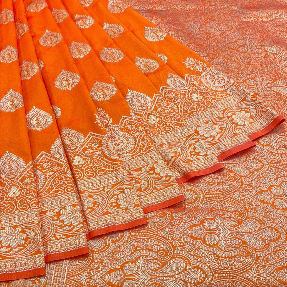 Orange Zari Woven Art Silk Saree - Peachmode