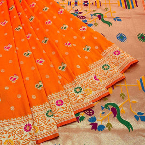 Orange Zari Woven Art Silk Saree - Peachmode