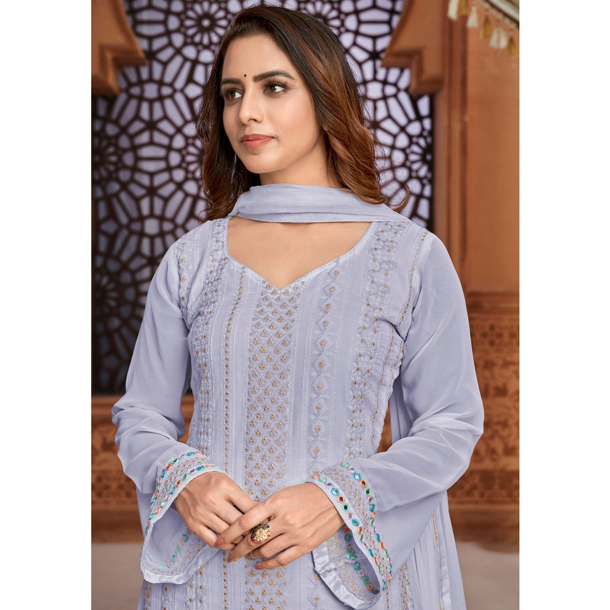 Pale Blue Partywear Designer Embroidered Heavy Faux Georgette Palazzo Suit - Peachmode