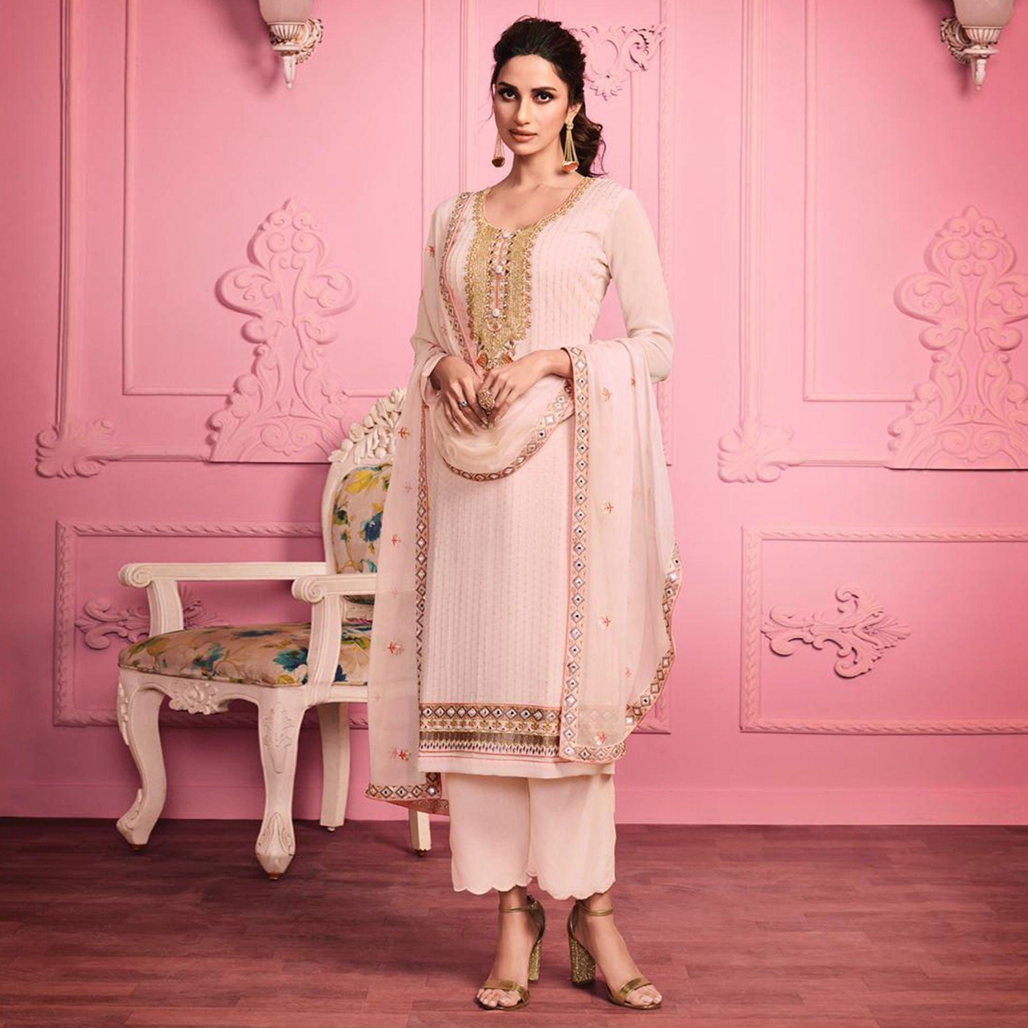 Pale Pink Partywear Thread & Zari Floral Embroidery Alizeh Georgette Suit - Peachmode