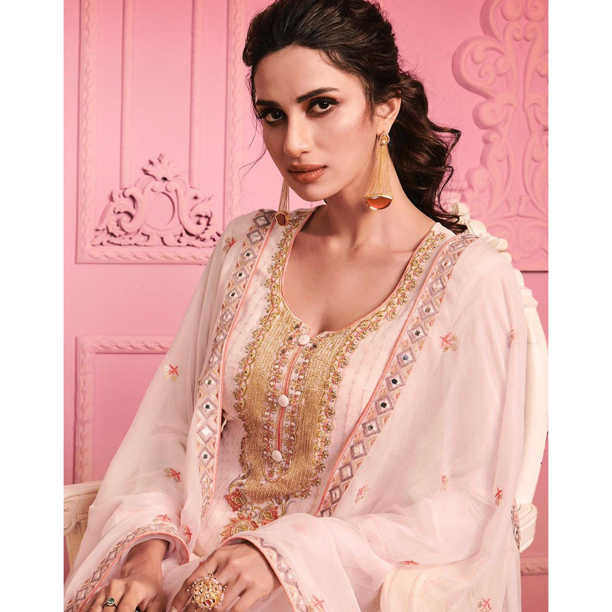 Pale Pink Partywear Thread & Zari Floral Embroidery Alizeh Georgette Suit - Peachmode