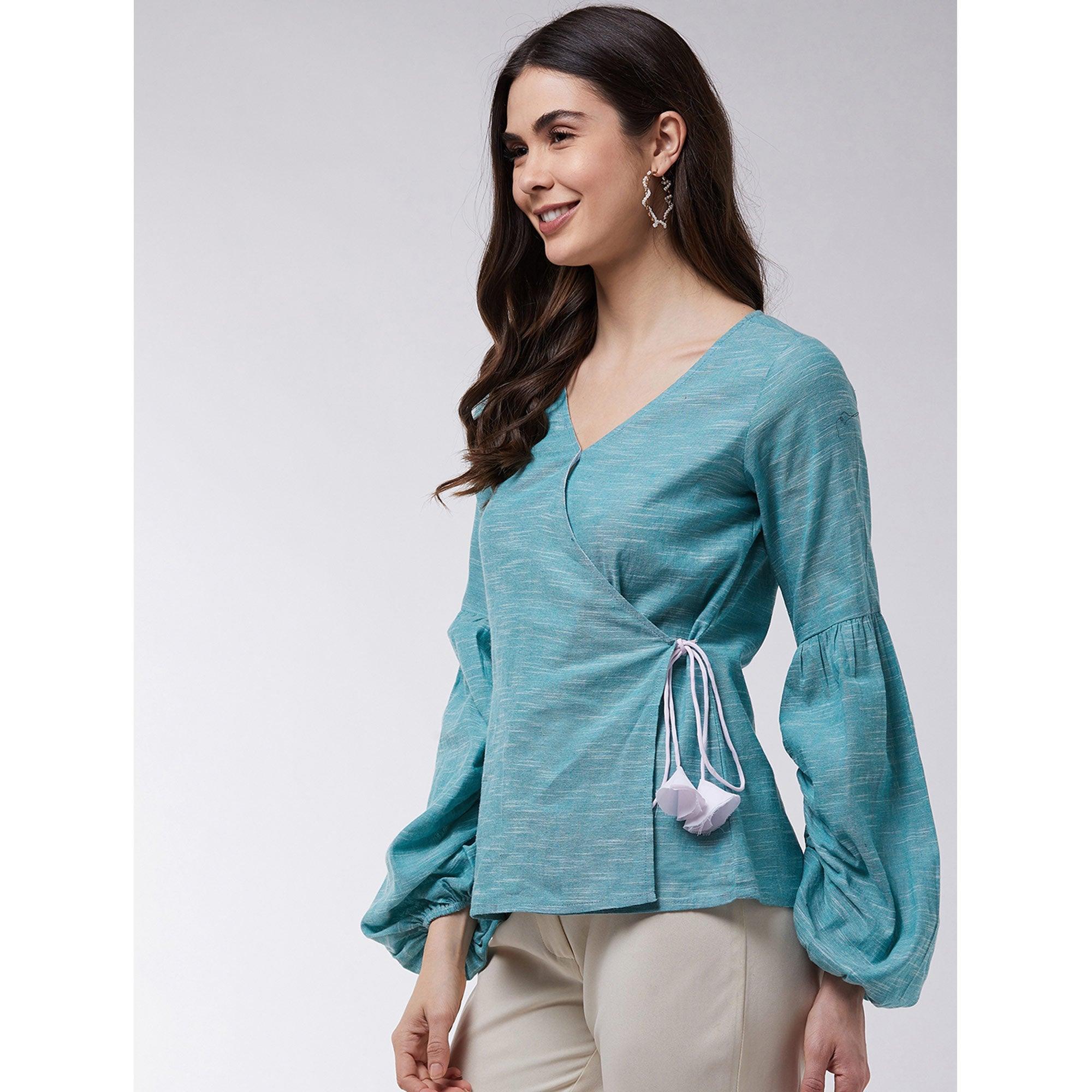 Pannkh - Women's Angarkha Style Extended Puff Sleeve Chambray Top - Peachmode