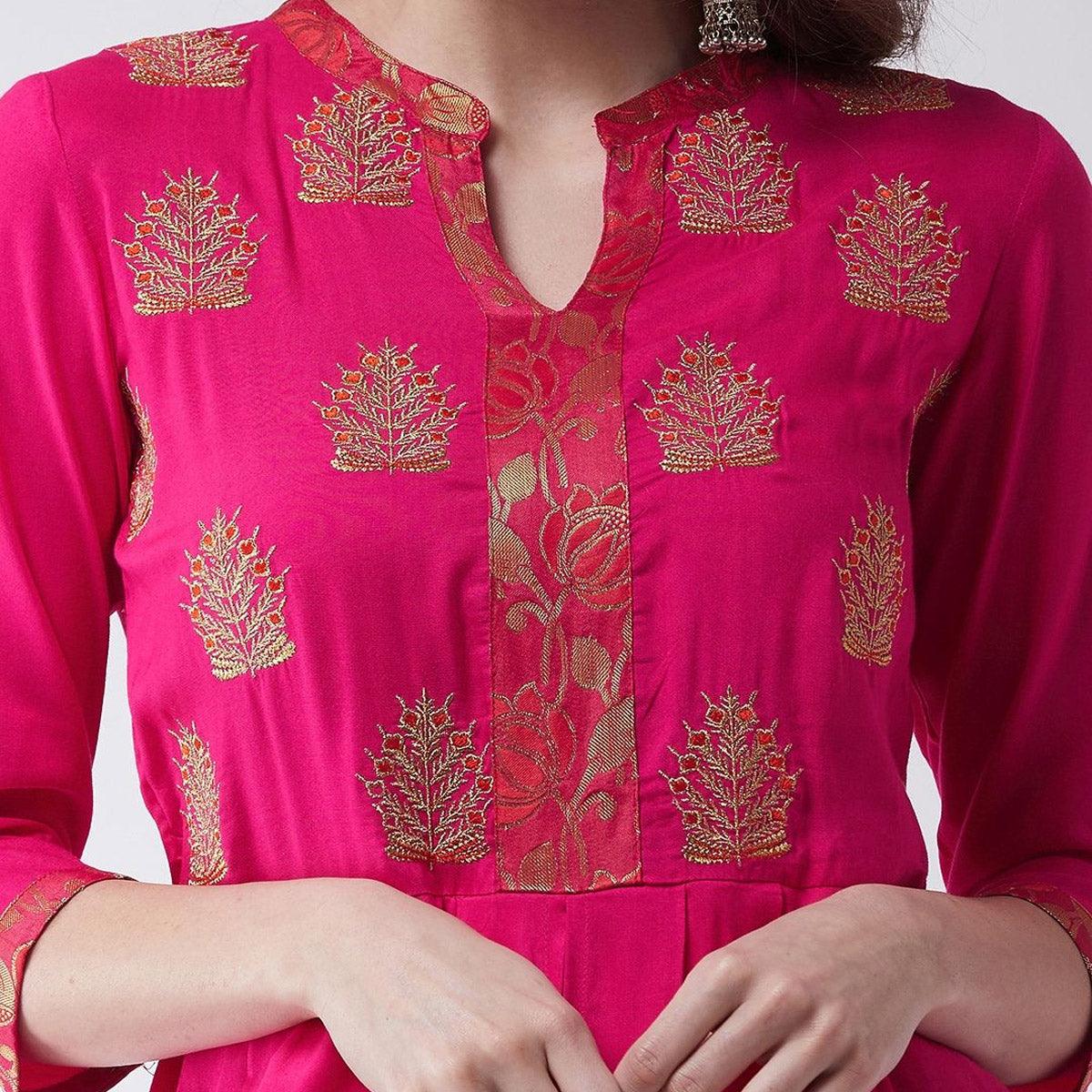 Pannkh - Women's Pink Colored Embroidered Rayon Cowl Kurti - Peachmode