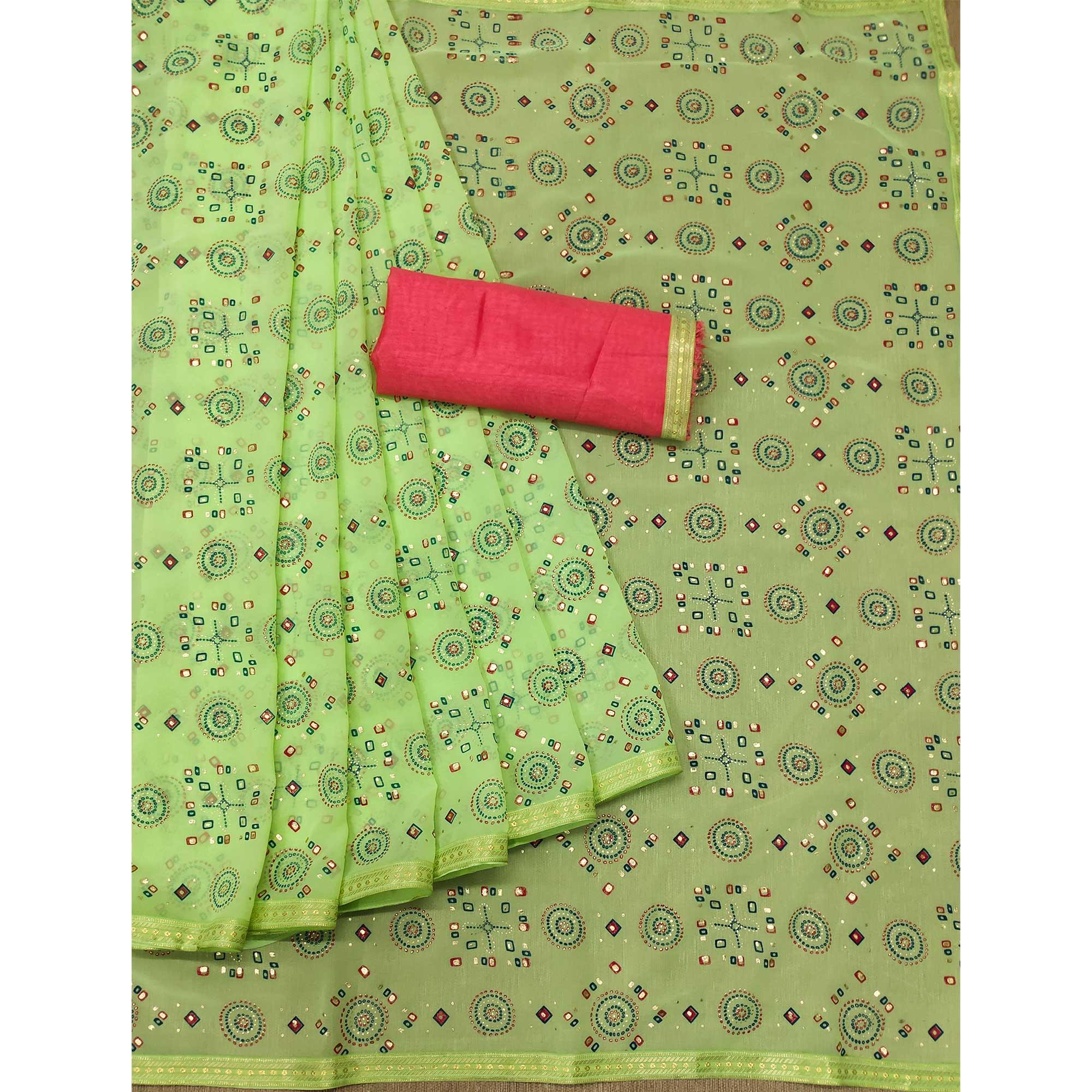 Parrot Green Casual Wear Block Printed With Foil Work Georgette Saree - Peachmode