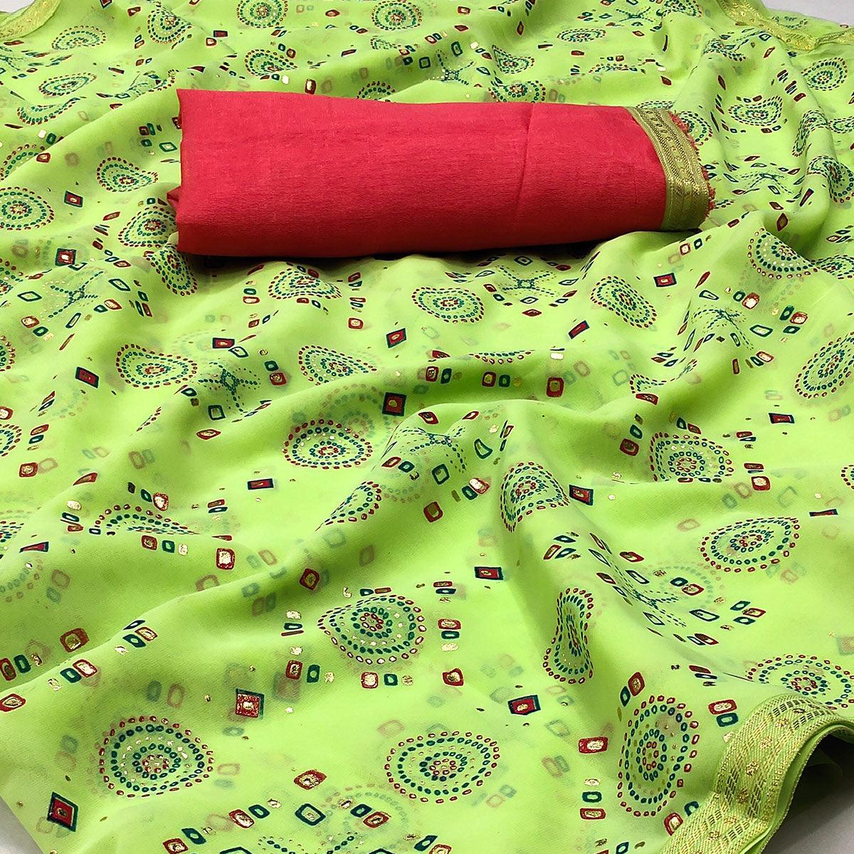 Parrot Green Casual Wear Block Printed With Foil Work Georgette Saree - Peachmode