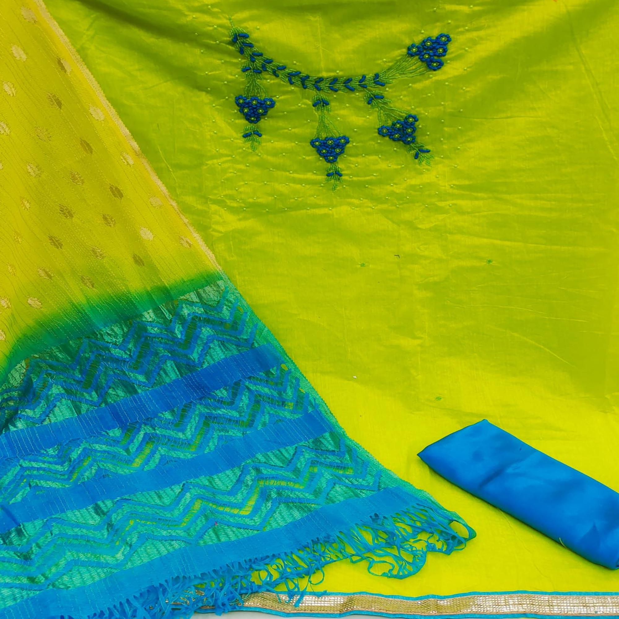Parrot Green Casual Wear Embellished With Embroidered Modal Silk Dress Material - Peachmode