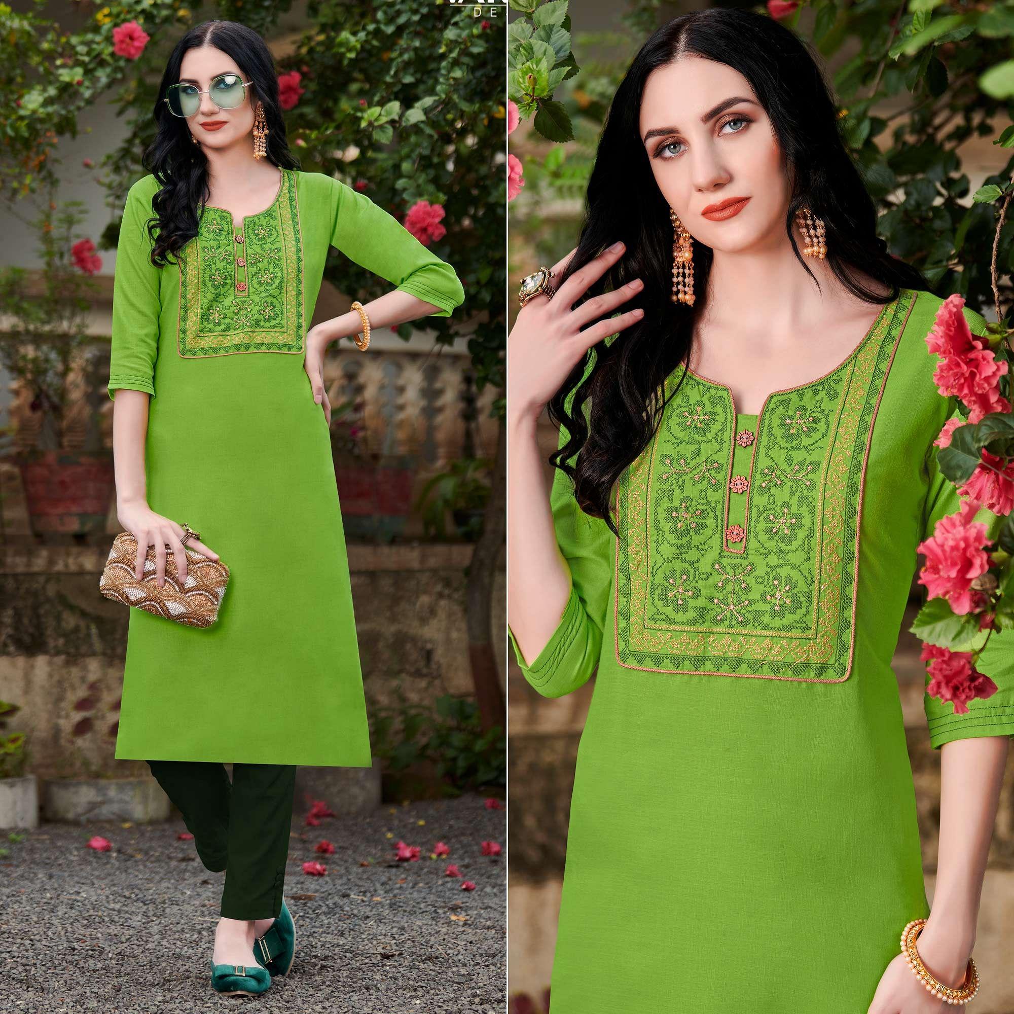 Parrot Green Casual Wear Embroidered Cotton Kurti - Peachmode