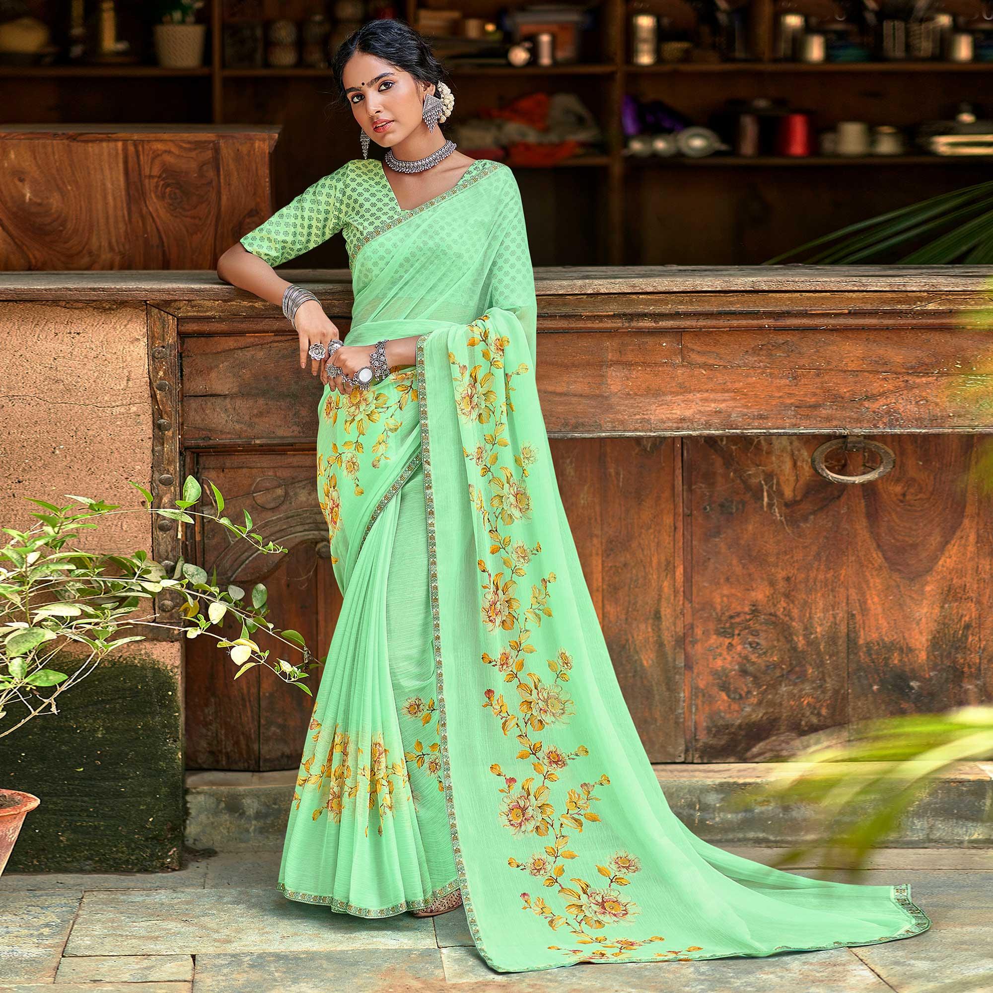 Parrot Green Casual Wear Floral Printed Chiffon Saree With Fancy Blouse - Peachmode