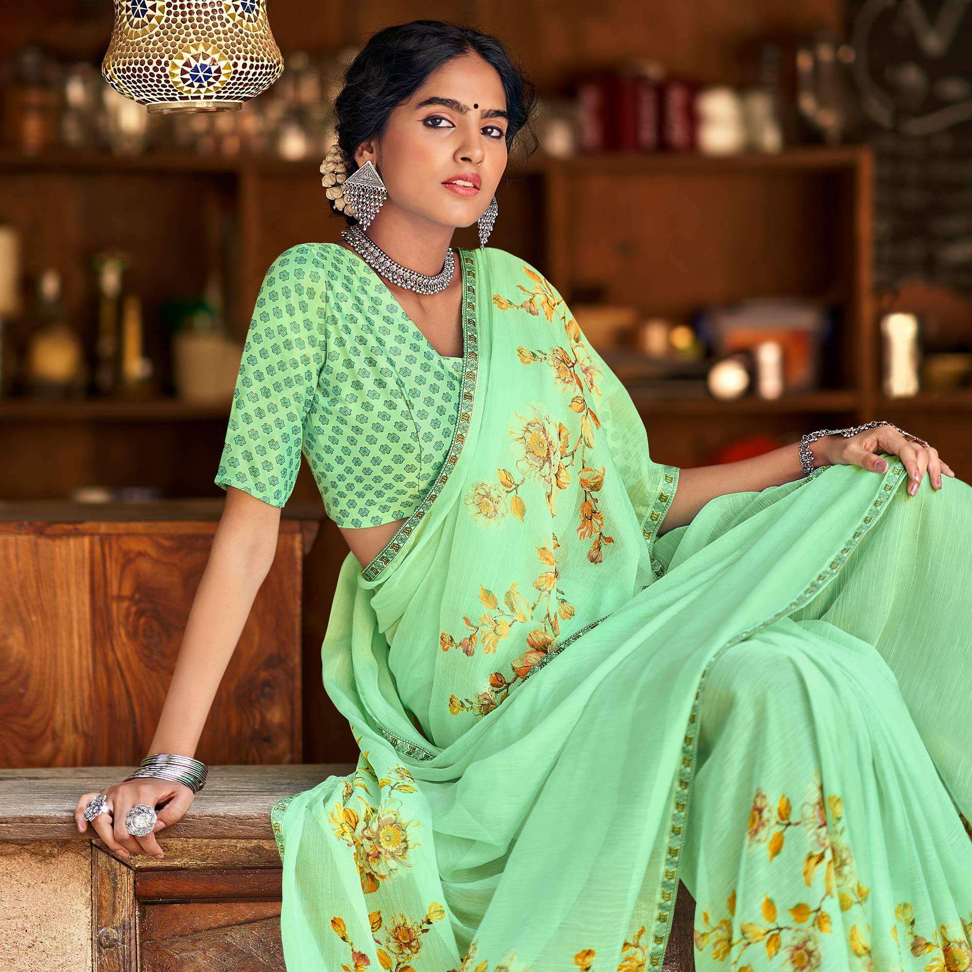 Parrot Green Casual Wear Floral Printed Chiffon Saree With Fancy Blouse - Peachmode