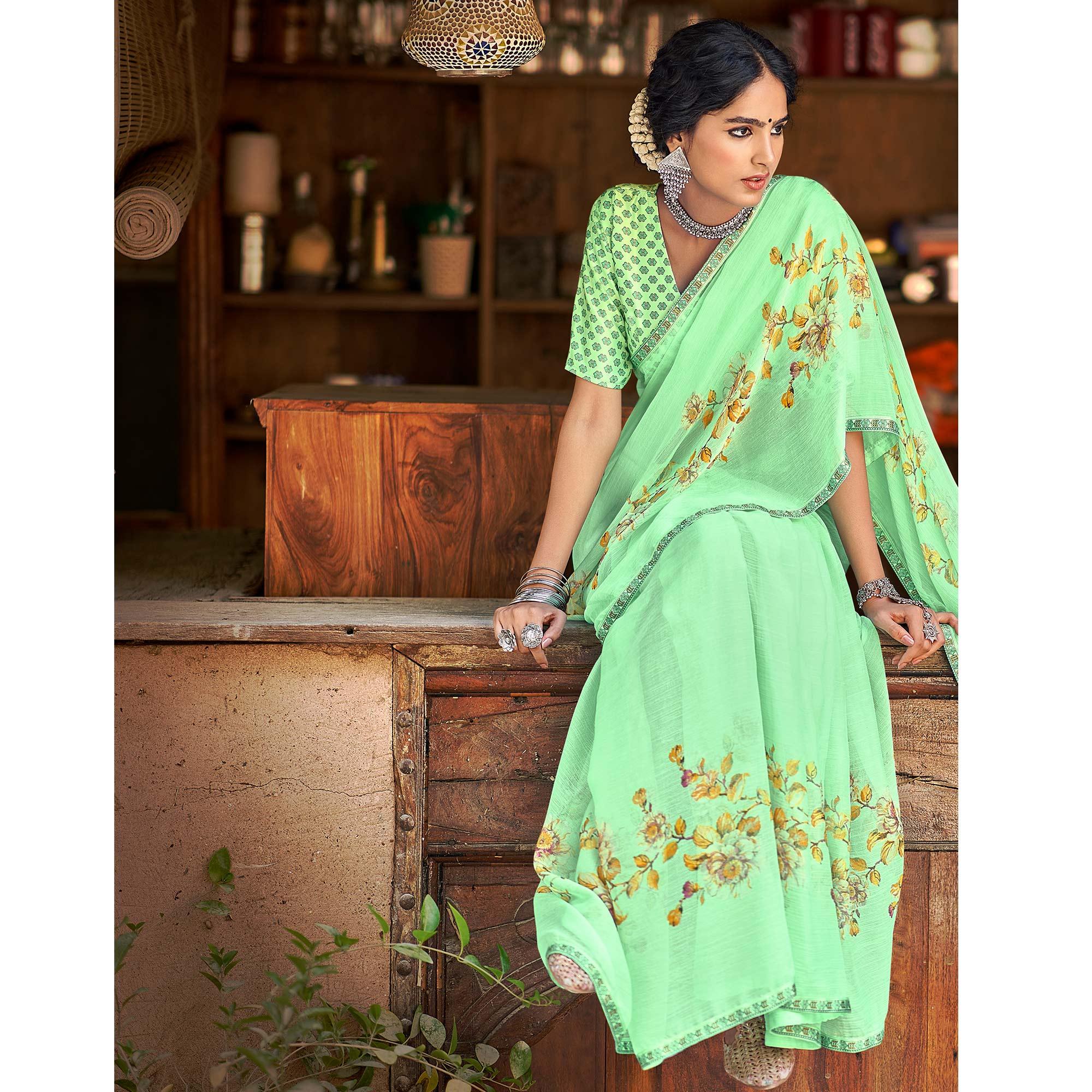 Parrot Green Casual Wear Floral Printed Chiffon Saree With Fancy Blouse - Peachmode