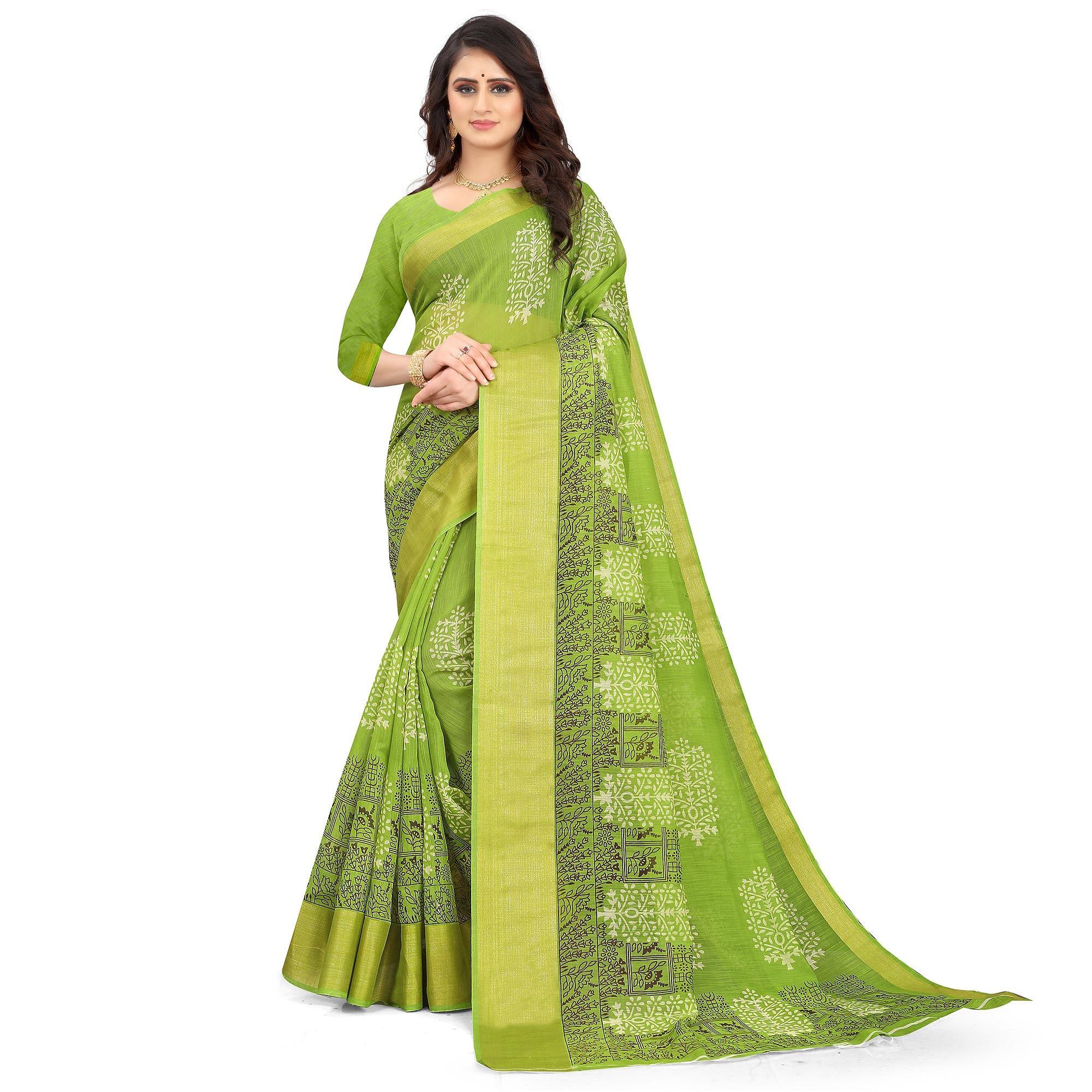 Parrot Green Casual Wear Floral Printed Cotton Linen Saree - Peachmode