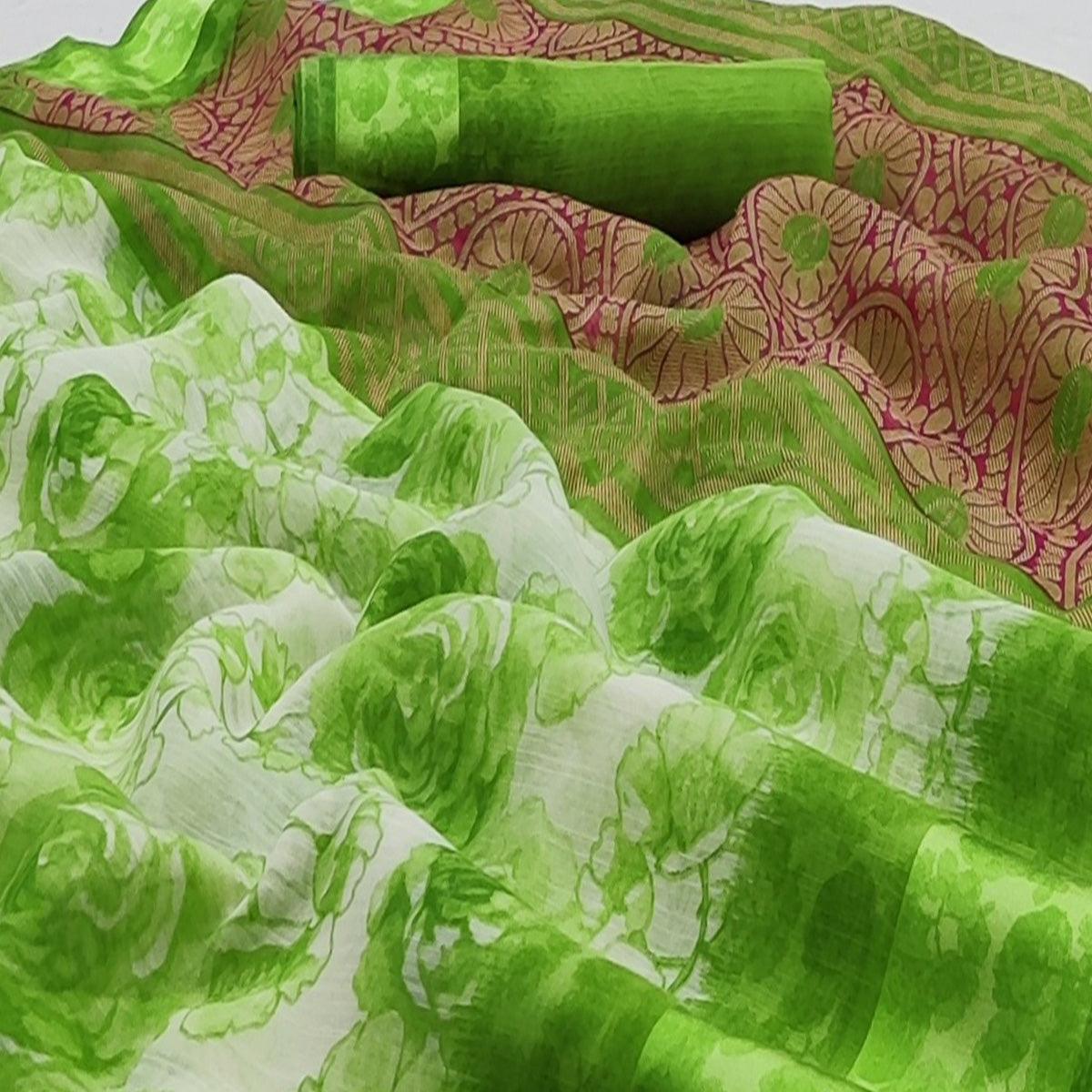 Parrot Green Casual Wear Floral Printed Linen-Satin Saree - Peachmode