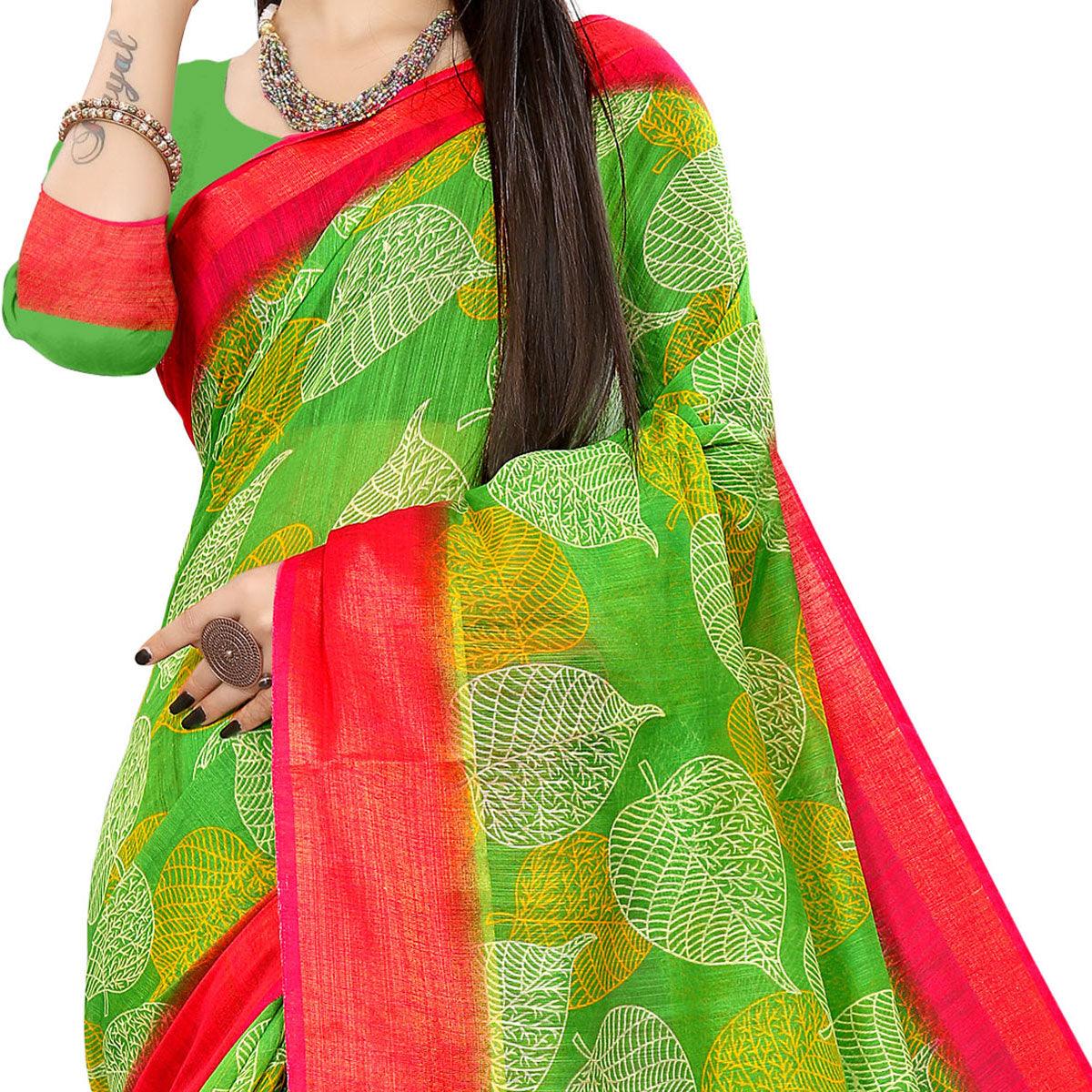Parrot Green Casual Wear Leaf Printed Cotton Linen Saree - Peachmode