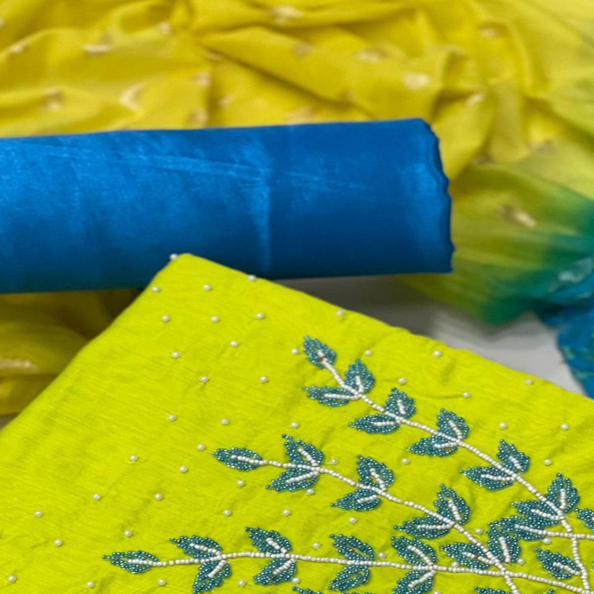 Parrot Green Casual Wear Pearl Handwork Modal Silk Dress Material - Peachmode