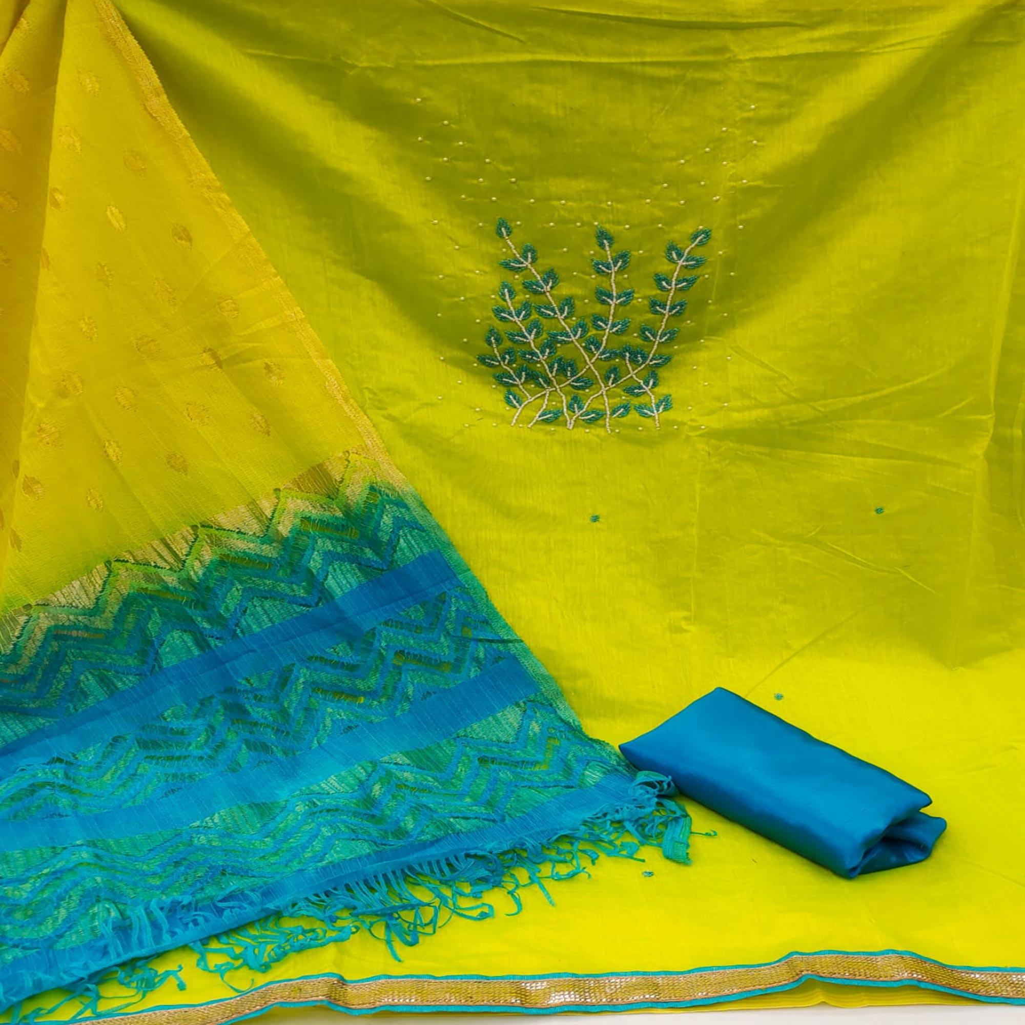 Parrot Green Casual Wear Pearl Handwork Modal Silk Dress Material - Peachmode
