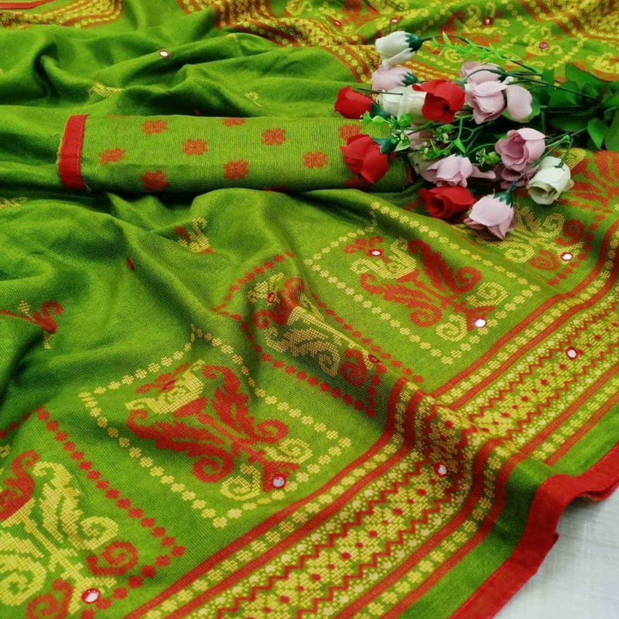 Parrot Green Casual Wear Print With Mirror Work Jute Saree - Peachmode