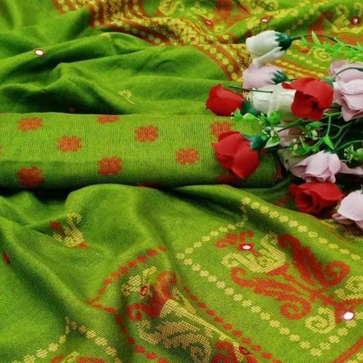 Parrot Green Casual Wear Print With Mirror Work Jute Saree - Peachmode