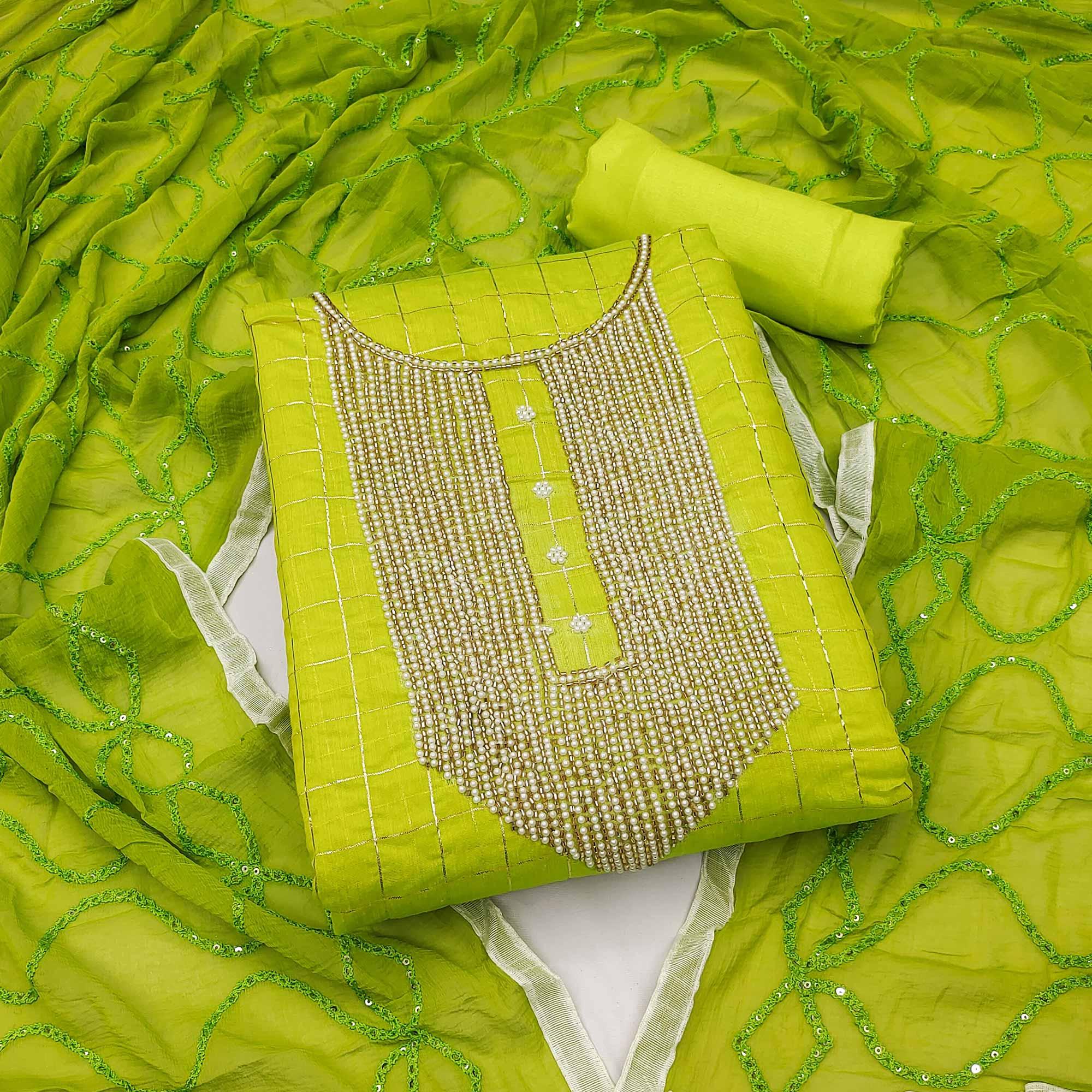 Parrot Green Embellished Chanderi Dress Material - Peachmode