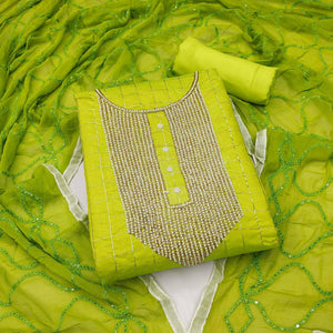 Parrot Green Embellished Chanderi Dress Material - Peachmode