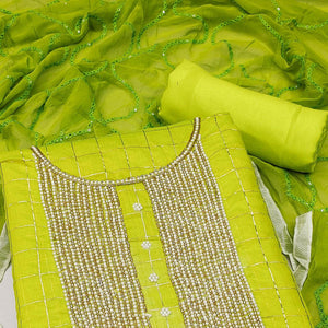 Parrot Green Embellished Chanderi Dress Material - Peachmode