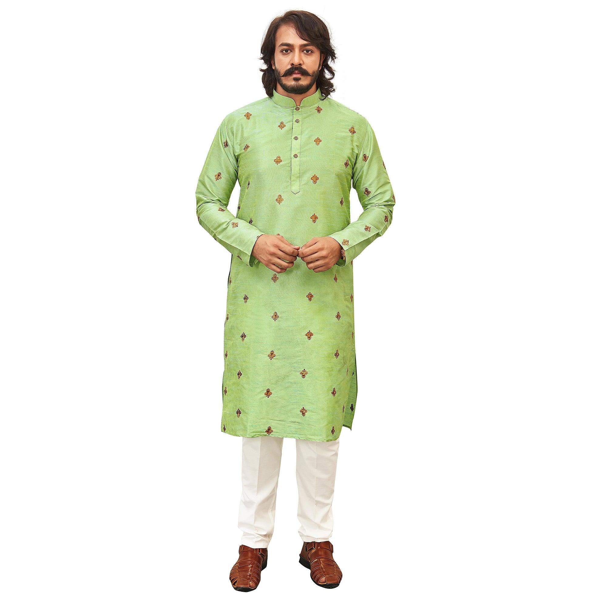 Parrot Green Embroidered Art Silk Men's Kurta Pyjama Set - Peachmode