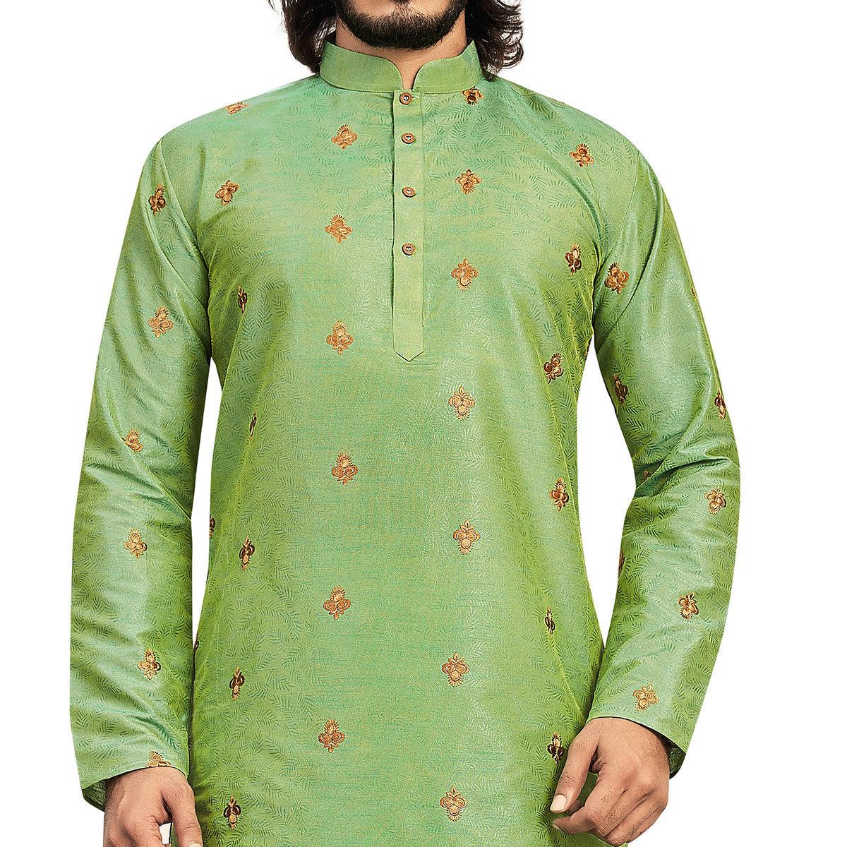 Parrot Green Embroidered Art Silk Men's Kurta Pyjama Set - Peachmode