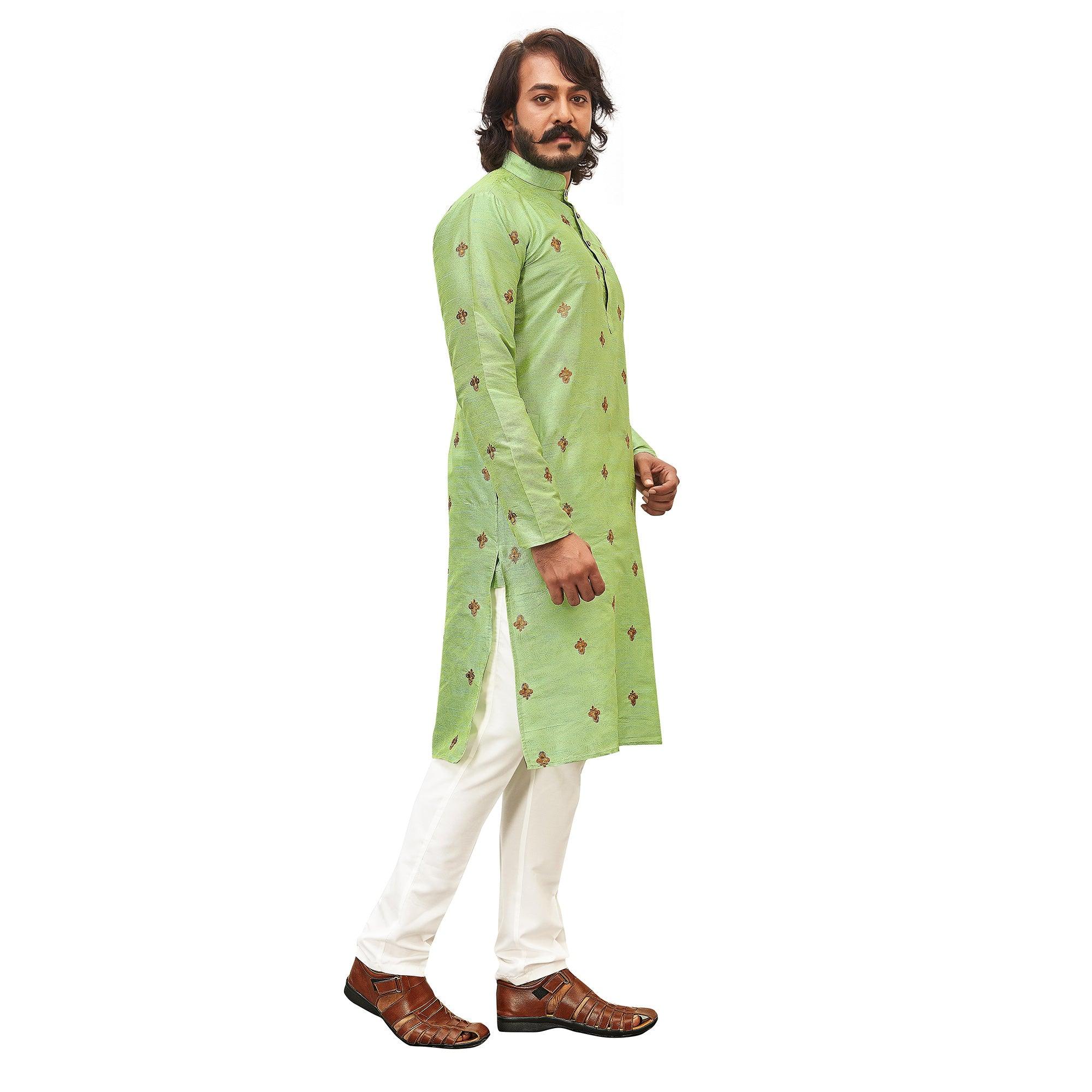 Parrot Green Embroidered Art Silk Men's Kurta Pyjama Set - Peachmode