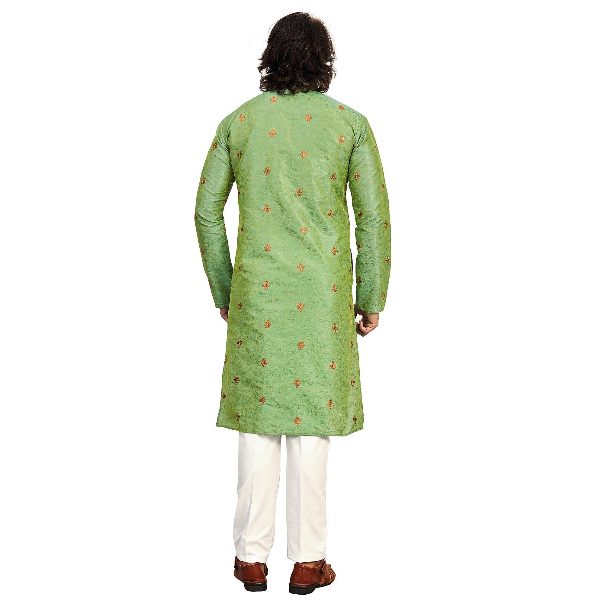 Parrot Green Embroidered Art Silk Men's Kurta Pyjama Set - Peachmode