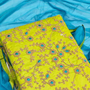 Parrot Green Festive Wear Floral Embroidered Modal Chanderi Dress Material - Peachmode