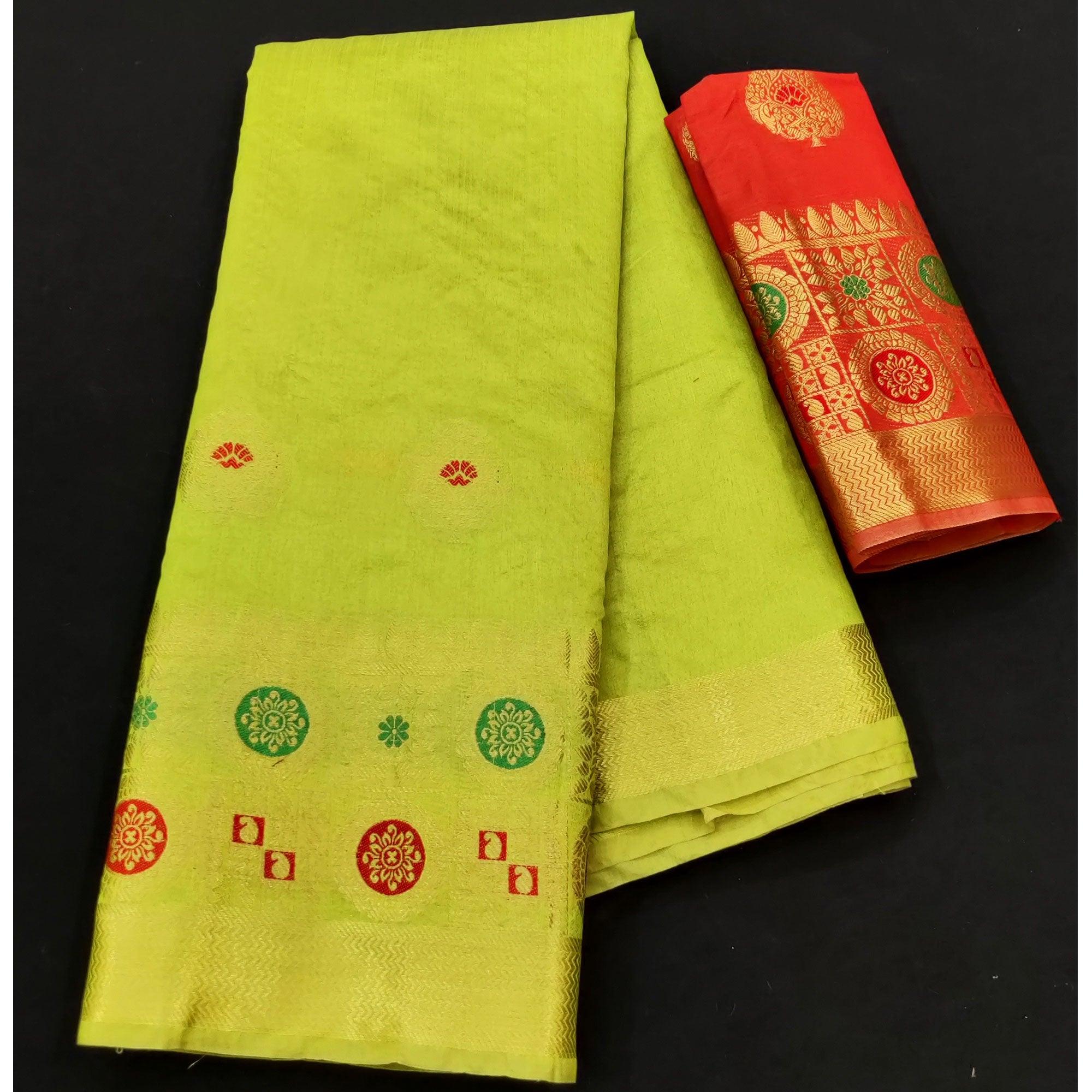 Parrot Green Festive Wear Woven Banarasi Saree With Butta And Jacquard Border - Peachmode
