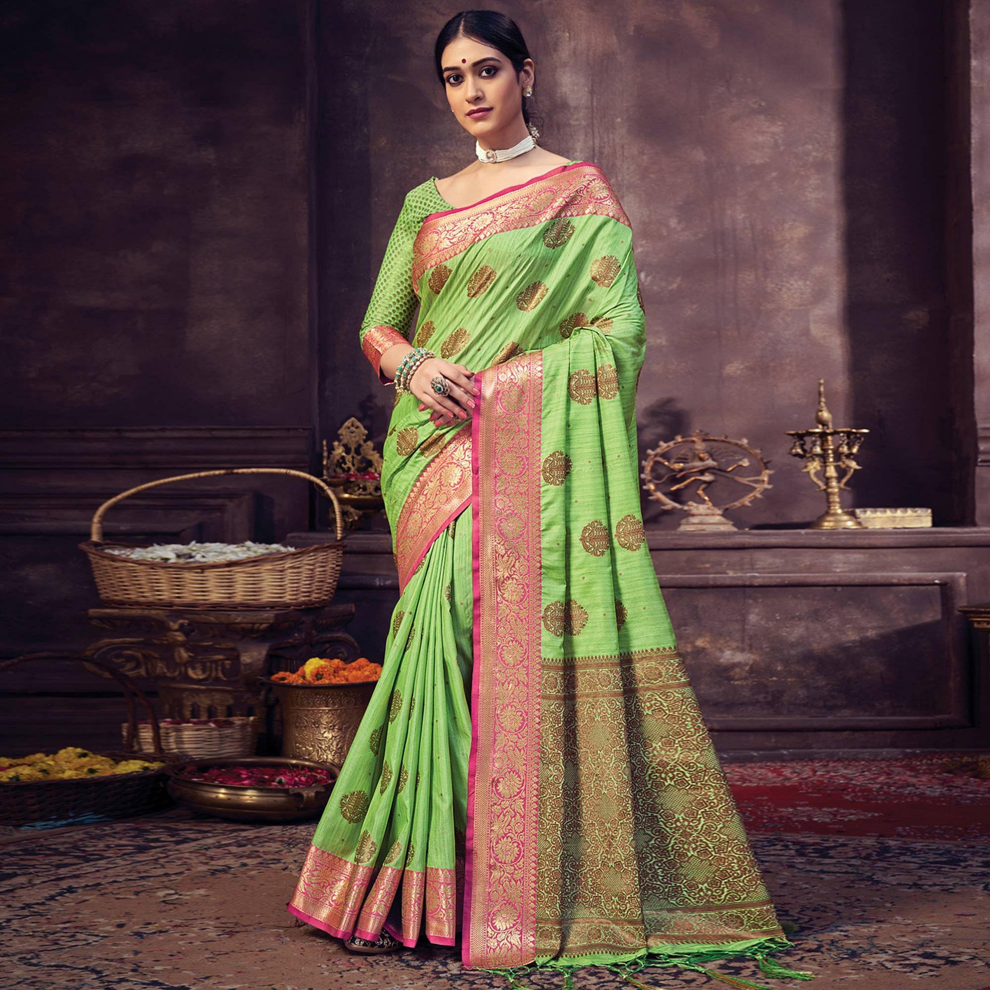 Parrot Green Festive Wear Woven Banarasi Silk Saree With Tassels - Peachmode
