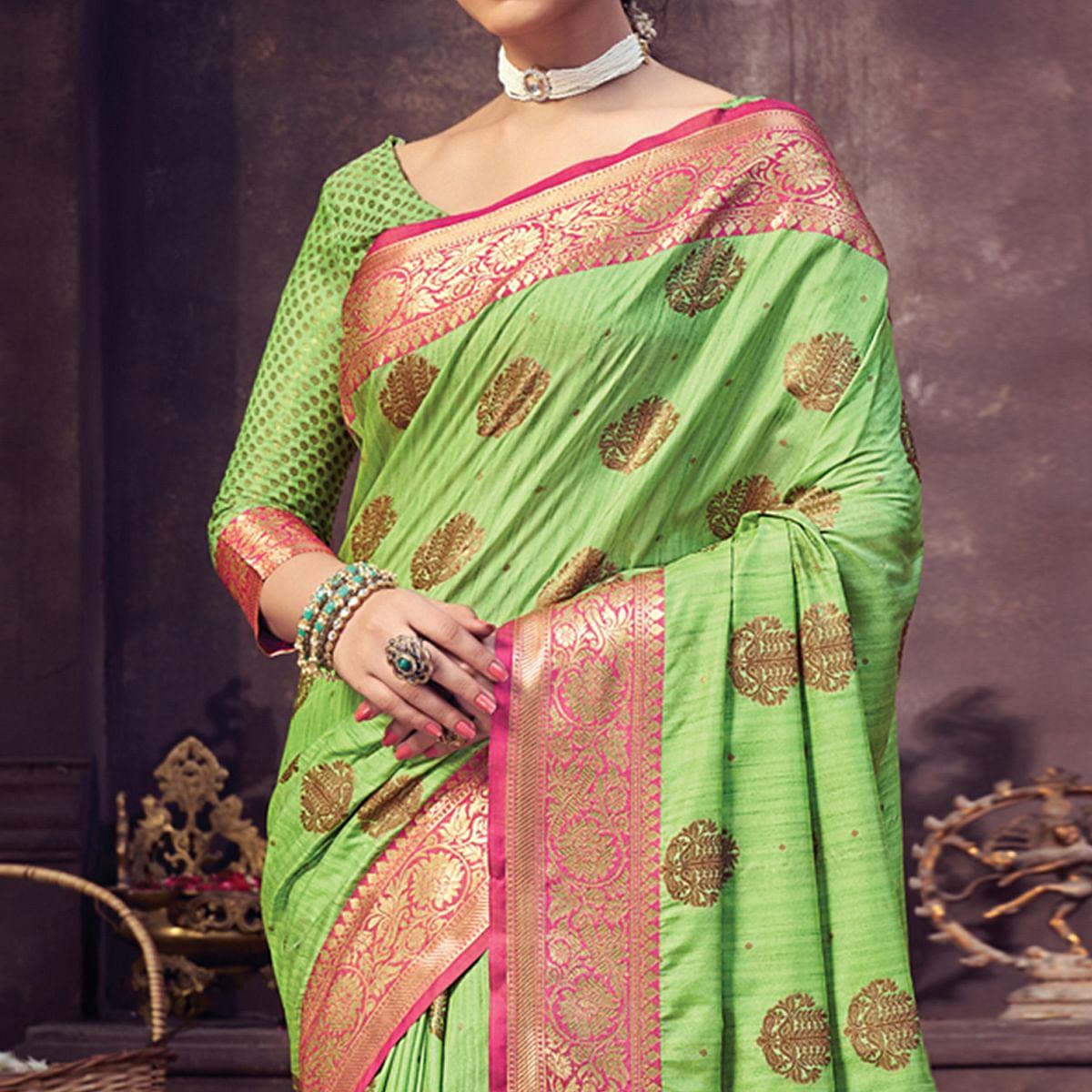 Parrot Green Festive Wear Woven Banarasi Silk Saree With Tassels - Peachmode