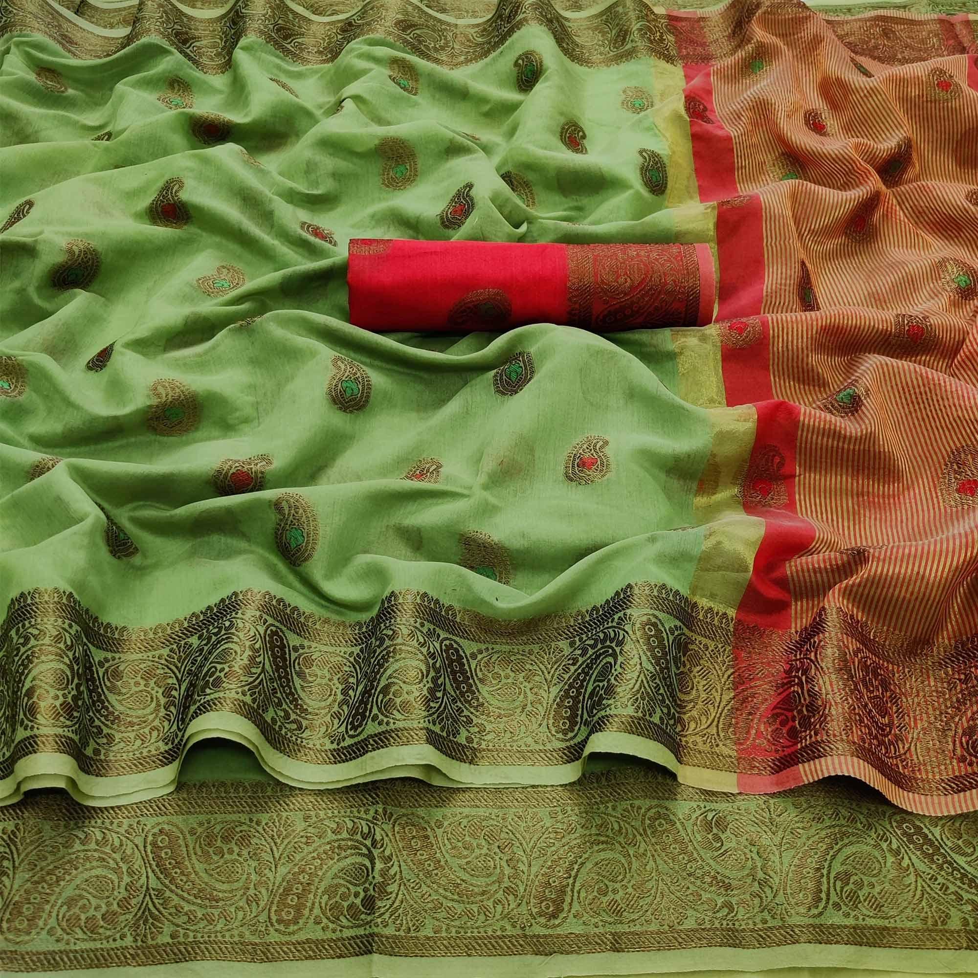 Parrot Green Festive Wear Woven Border With Butta Work Cotton Saree - Peachmode