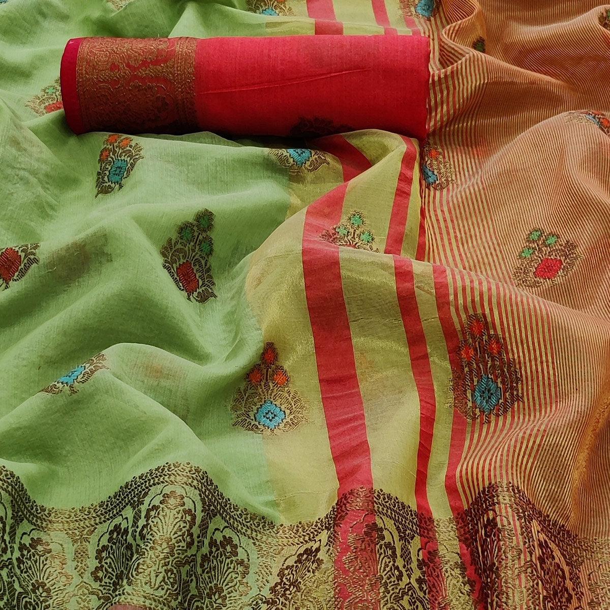Parrot Green Festive Wear Woven Border With Butta Work Cotton Saree - Peachmode