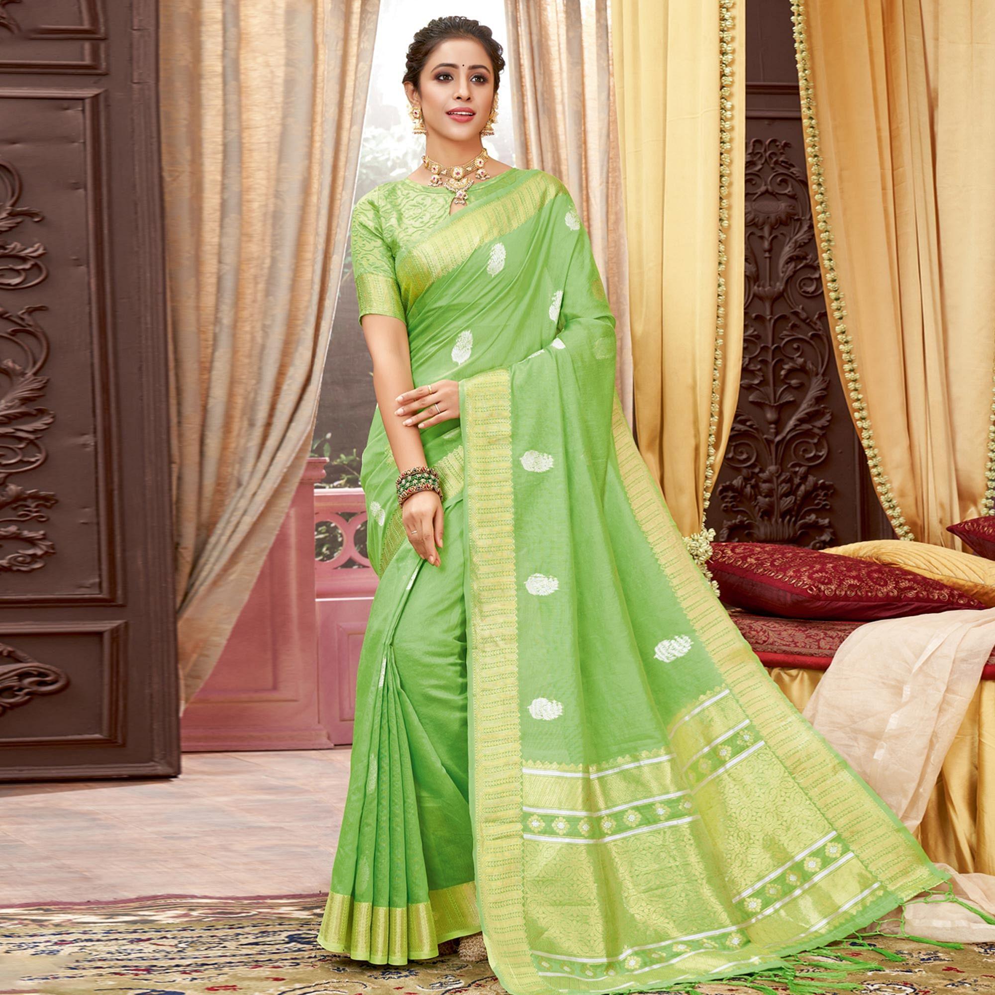 Parrot Green Festive Wear Woven Cotton Saree - Peachmode