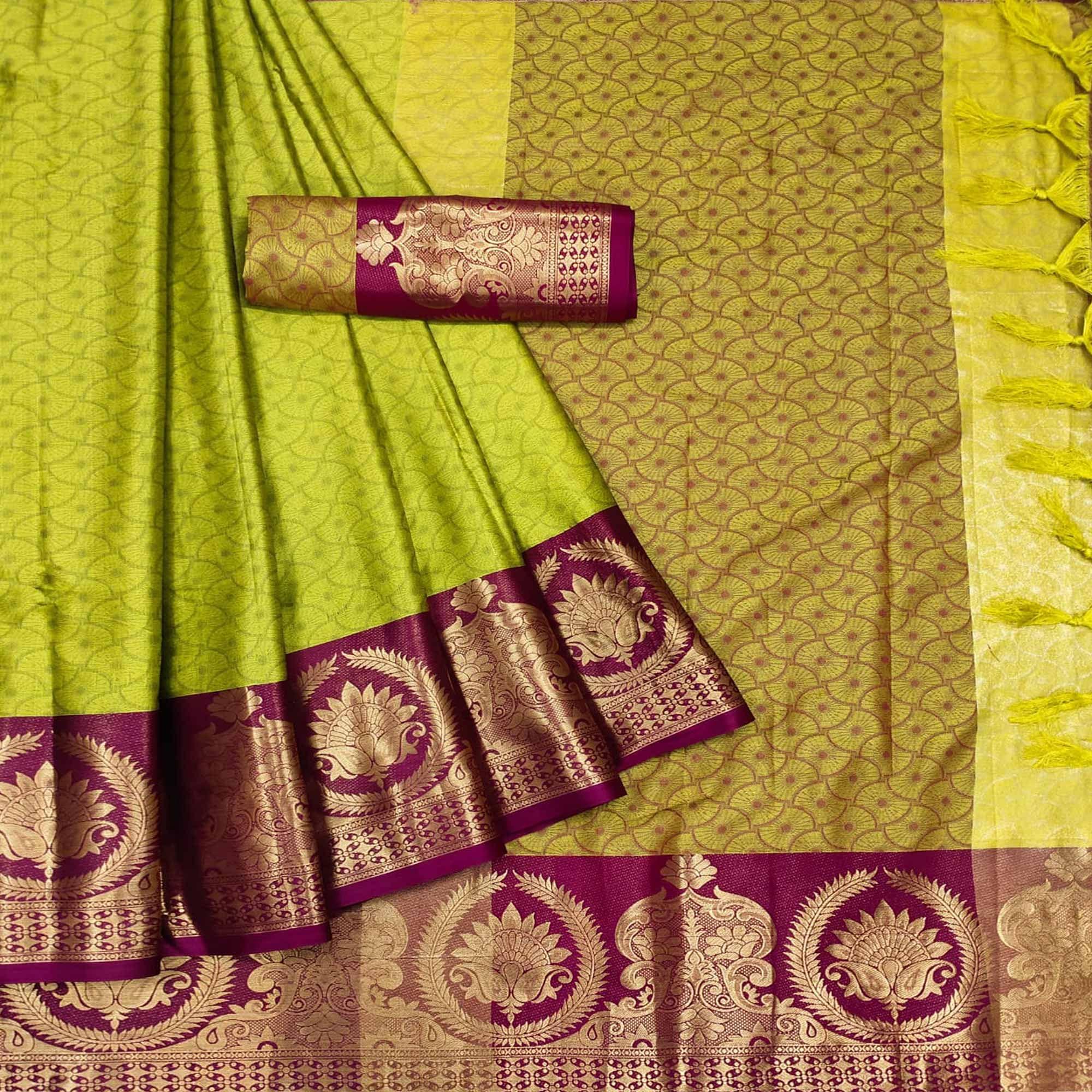 Parrot Green Festive Wear Woven Cotton Saree - Peachmode