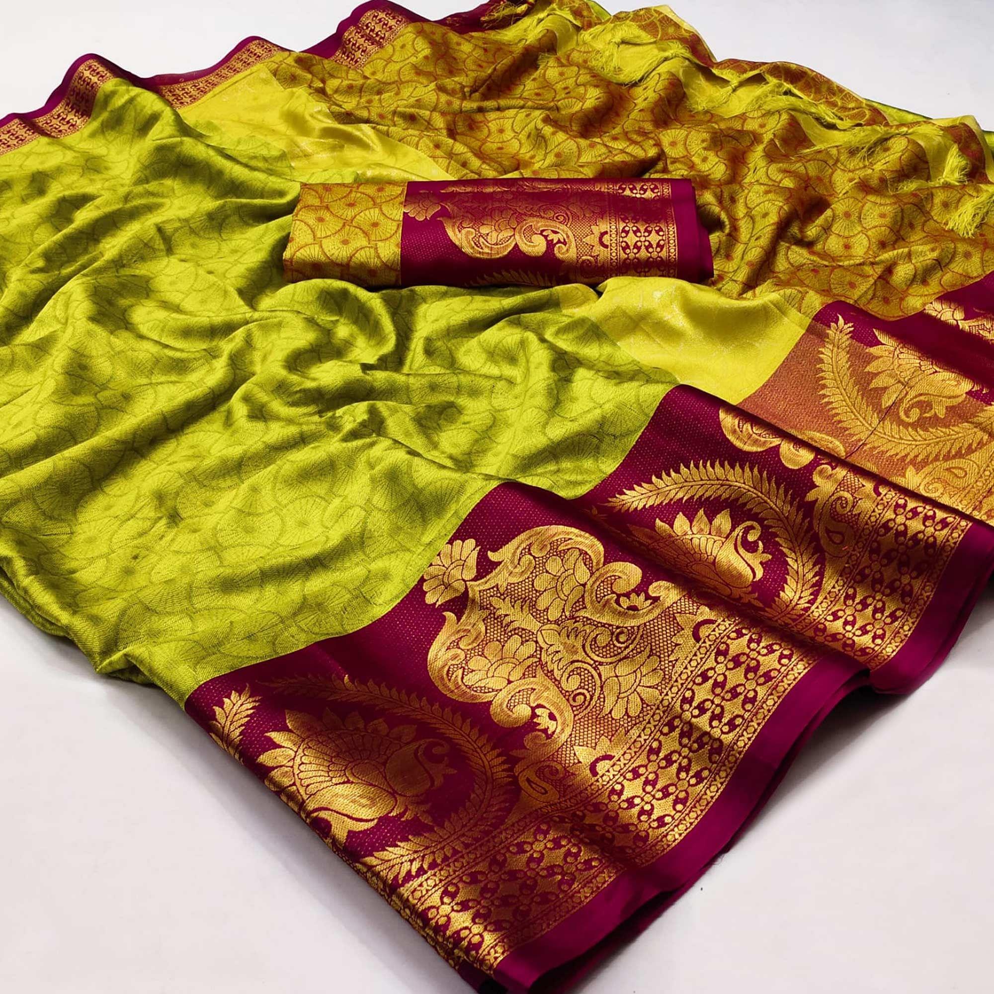 Parrot Green Festive Wear Woven Cotton Saree - Peachmode