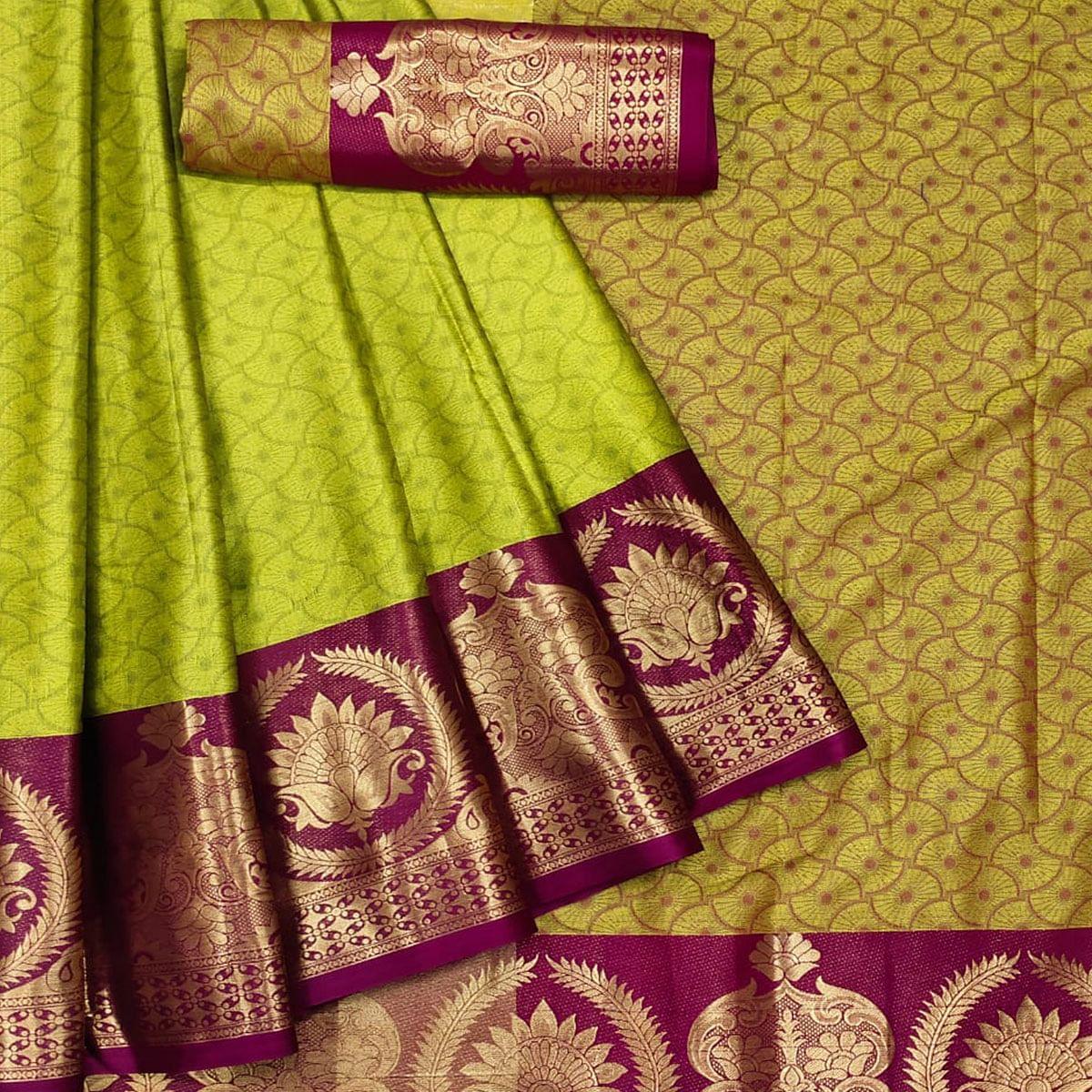 Parrot Green Festive Wear Woven Cotton Saree - Peachmode