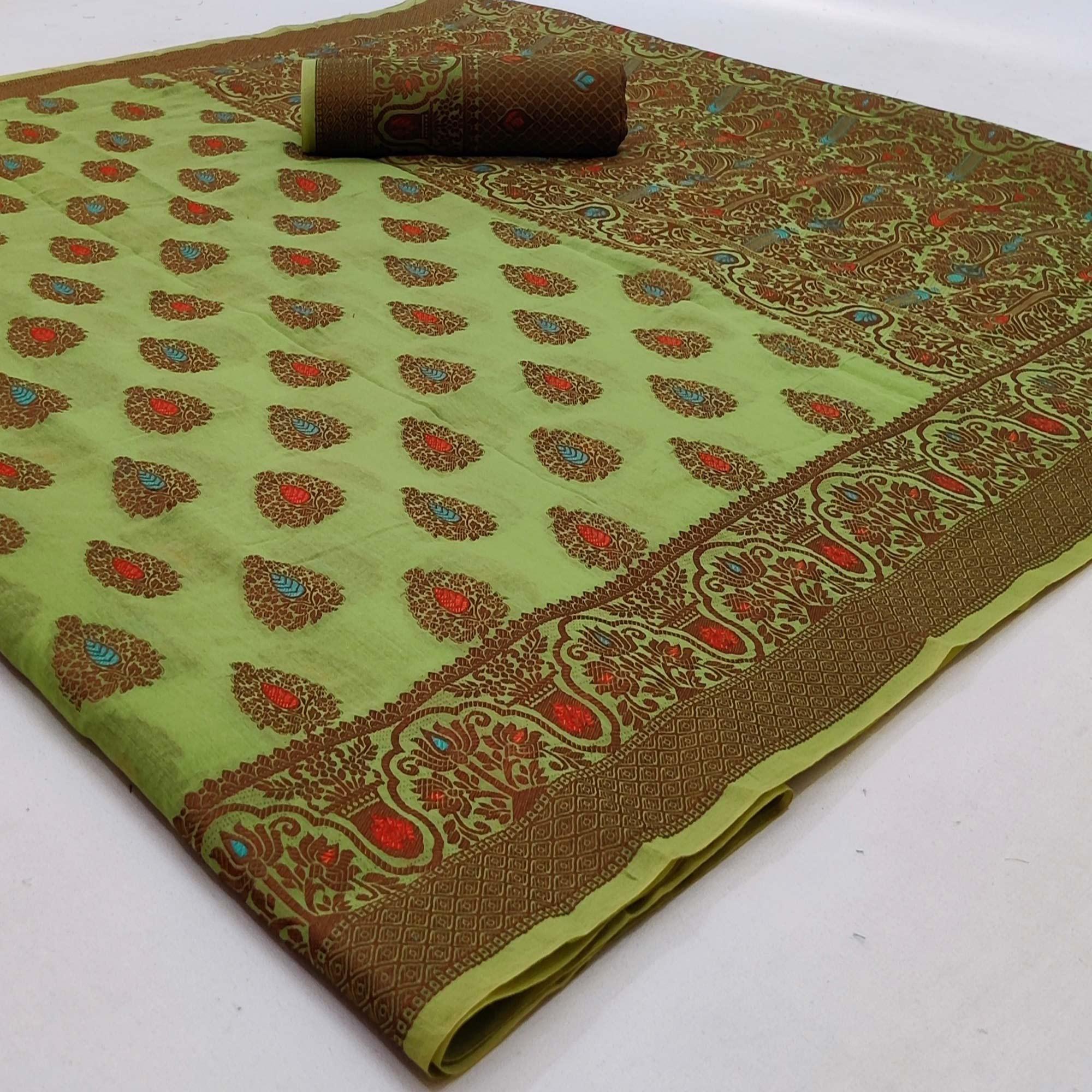 Parrot Green Festive Wear Woven Cotton Silk Saree - Peachmode