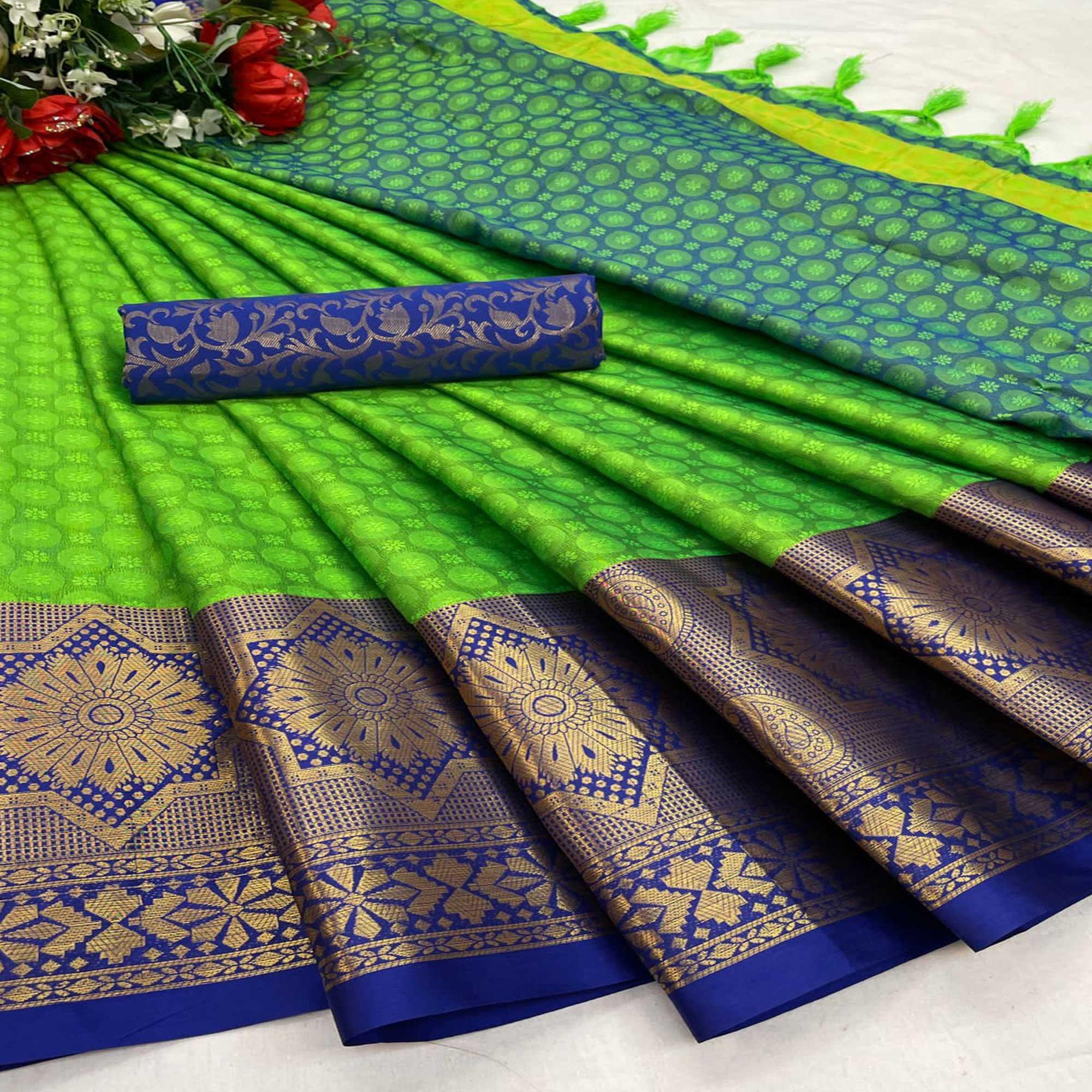 Parrot Green Festive Wear Woven Cotton Silk Saree - Peachmode