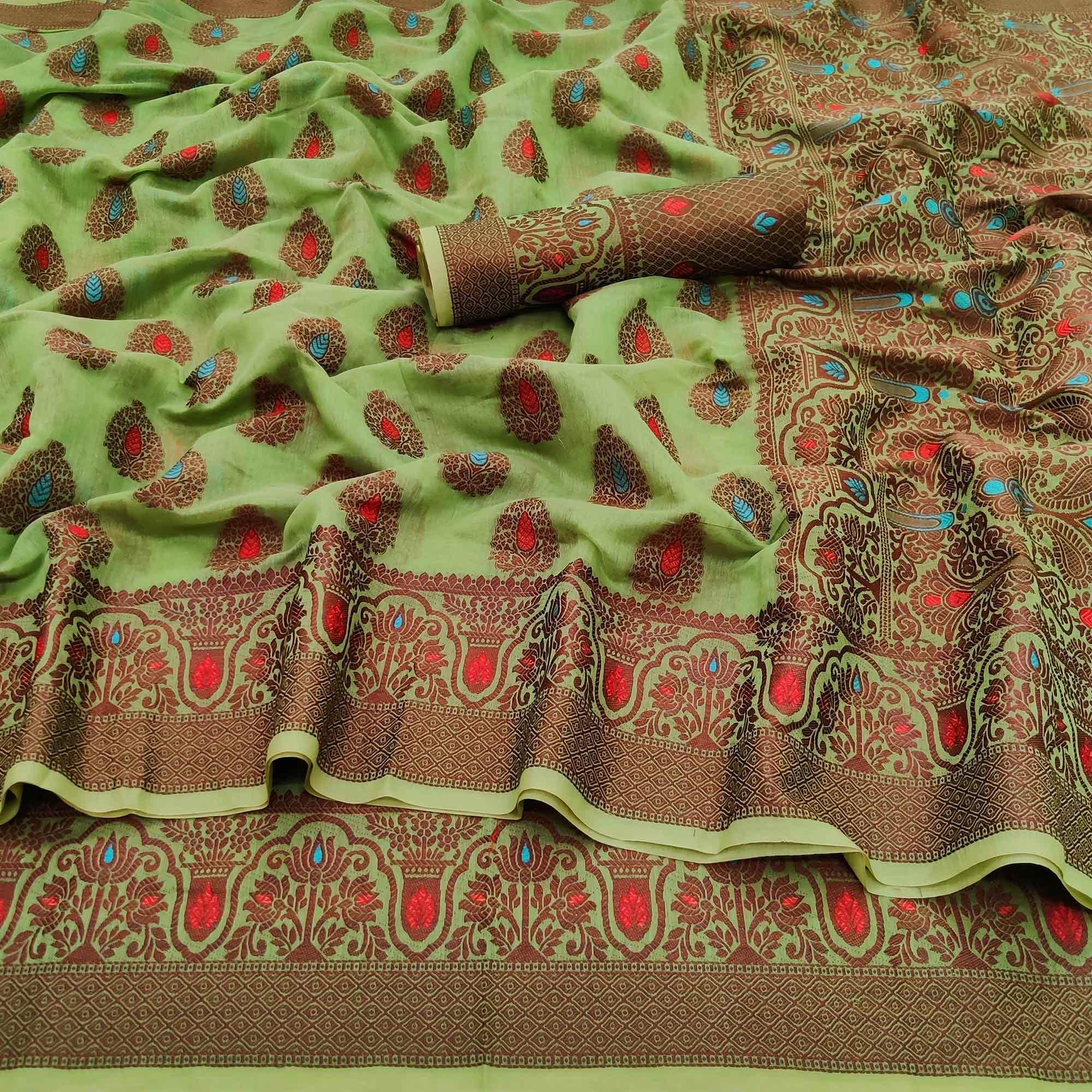 Parrot Green Festive Wear Woven Cotton Silk Saree - Peachmode
