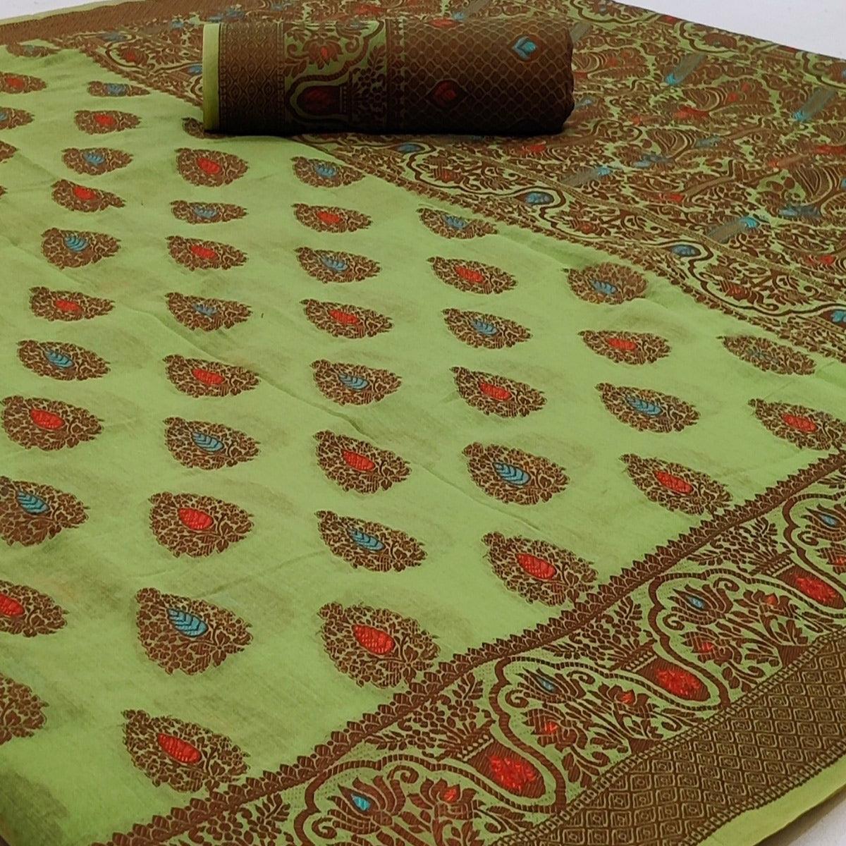 Parrot Green Festive Wear Woven Cotton Silk Saree - Peachmode